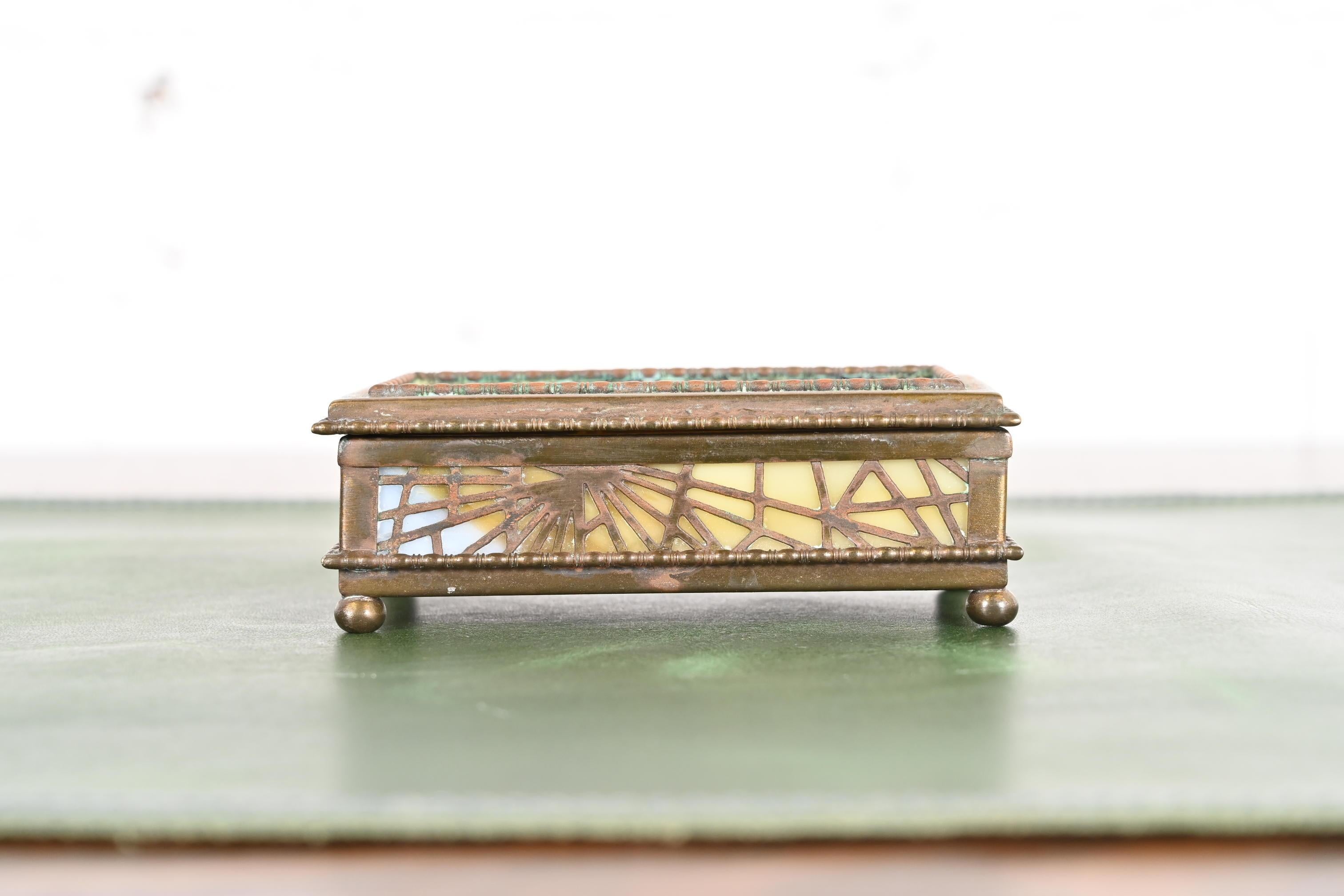 American Tiffany Studios New York Pine Needle Bronze Doré and Slag Glass Stamp Box