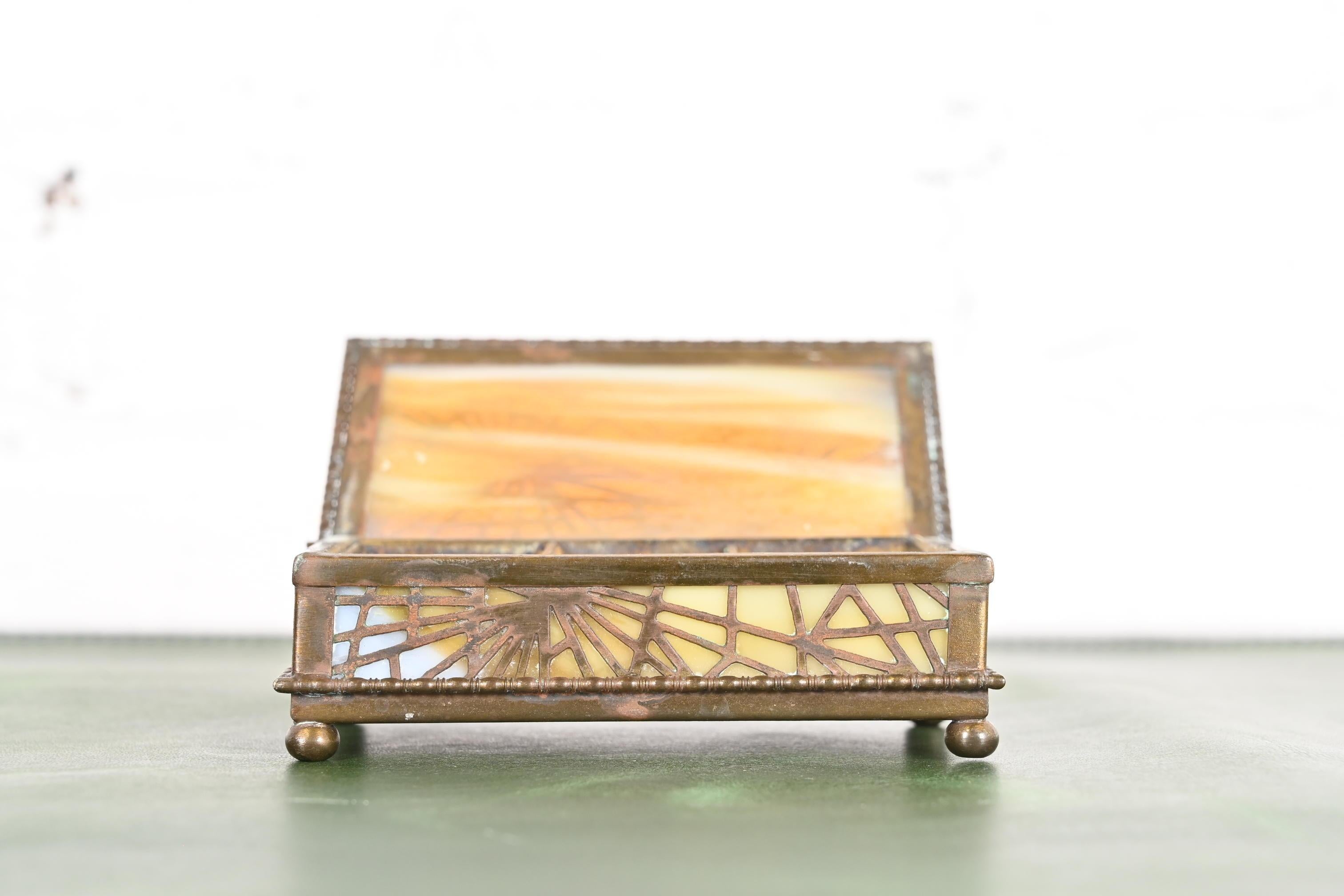 Tiffany Studios New York Pine Needle Bronze Doré and Slag Glass Stamp Box In Good Condition In South Bend, IN