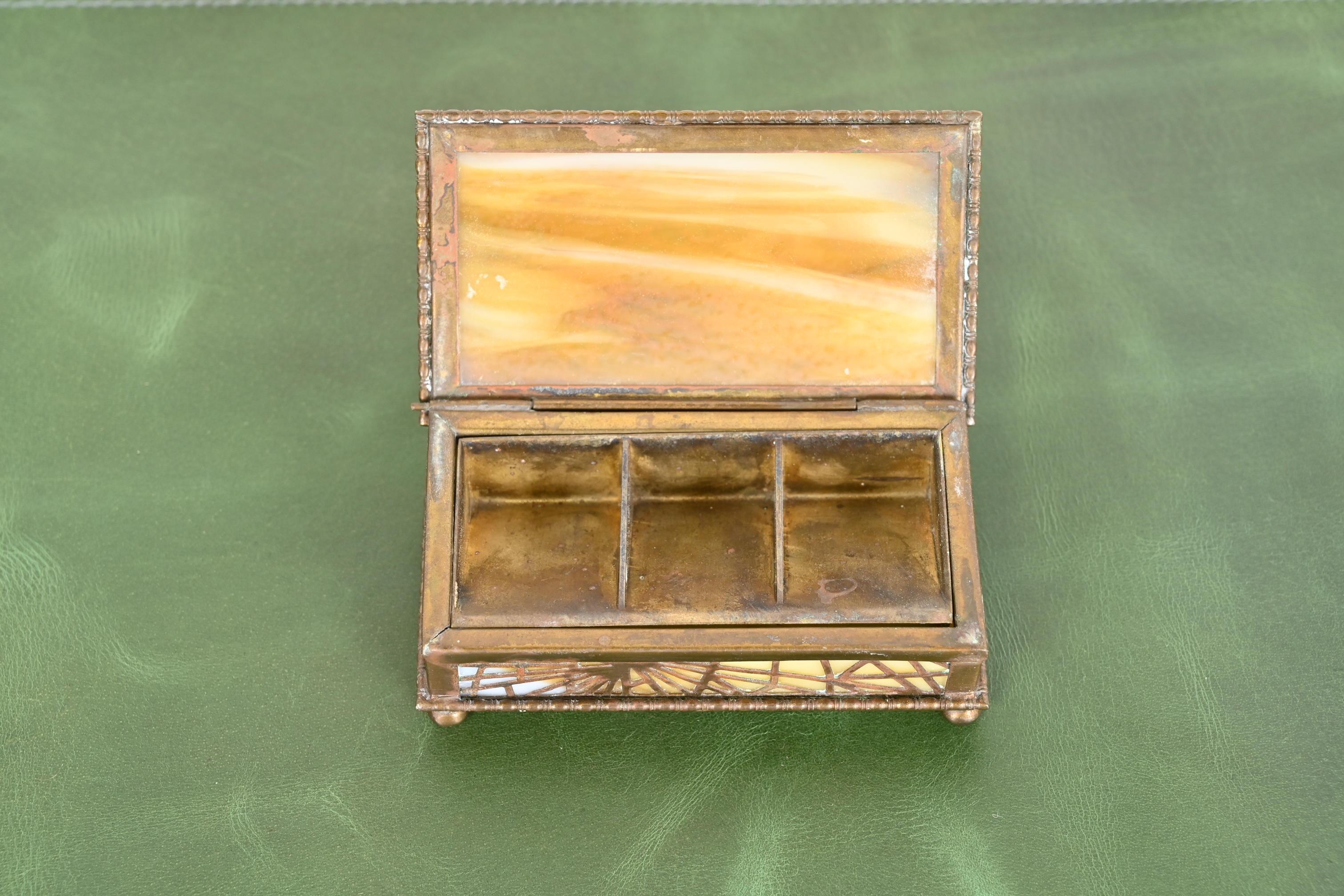 20th Century Tiffany Studios New York Pine Needle Bronze Doré and Slag Glass Stamp Box