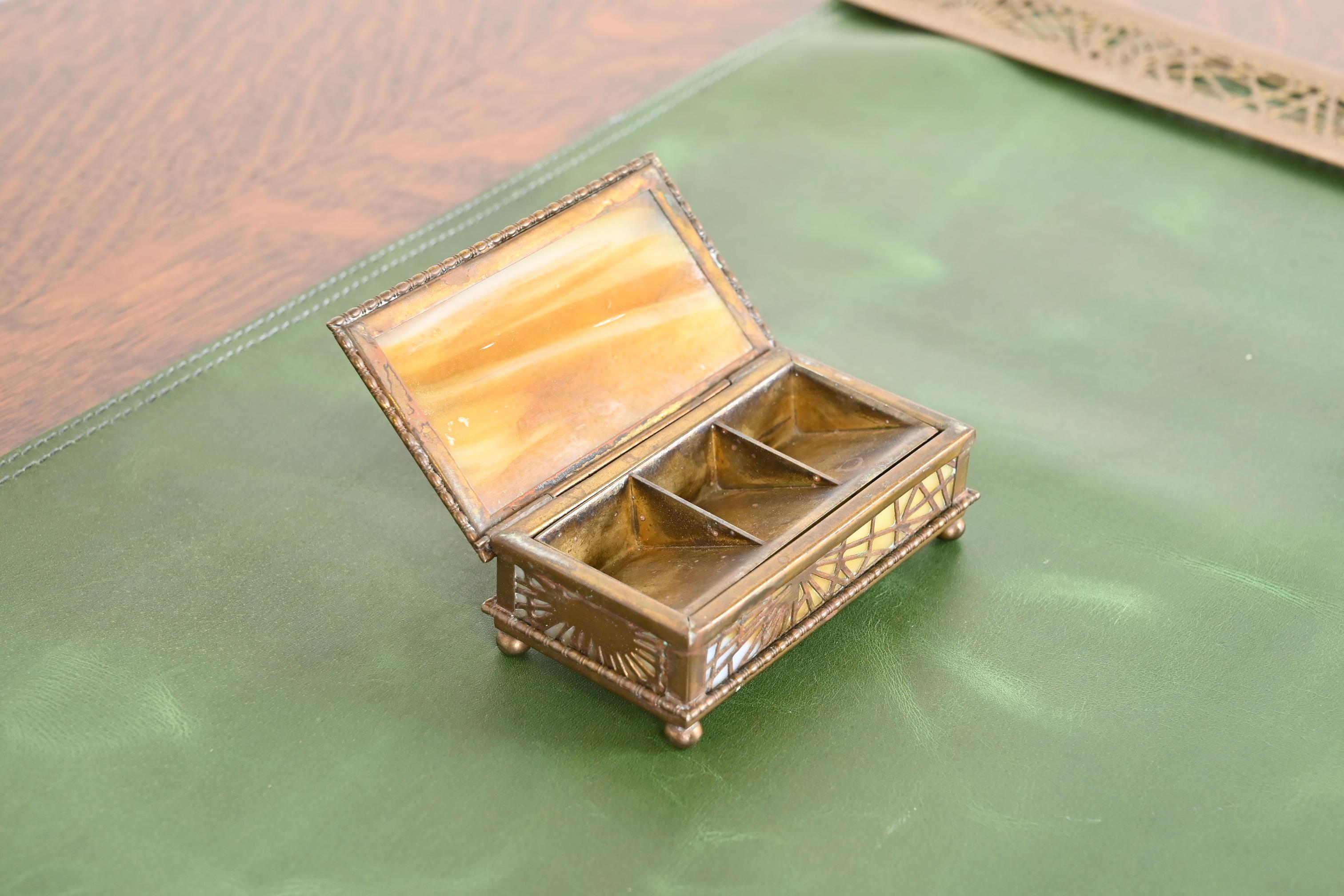 Tiffany Studios New York Pine Needle Bronze Doré and Slag Glass Stamp Box 1