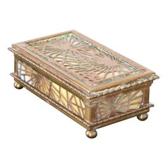 Antique Tiffany Studios New York Pine Needle Bronze Doré and Slag Glass Stamp Box