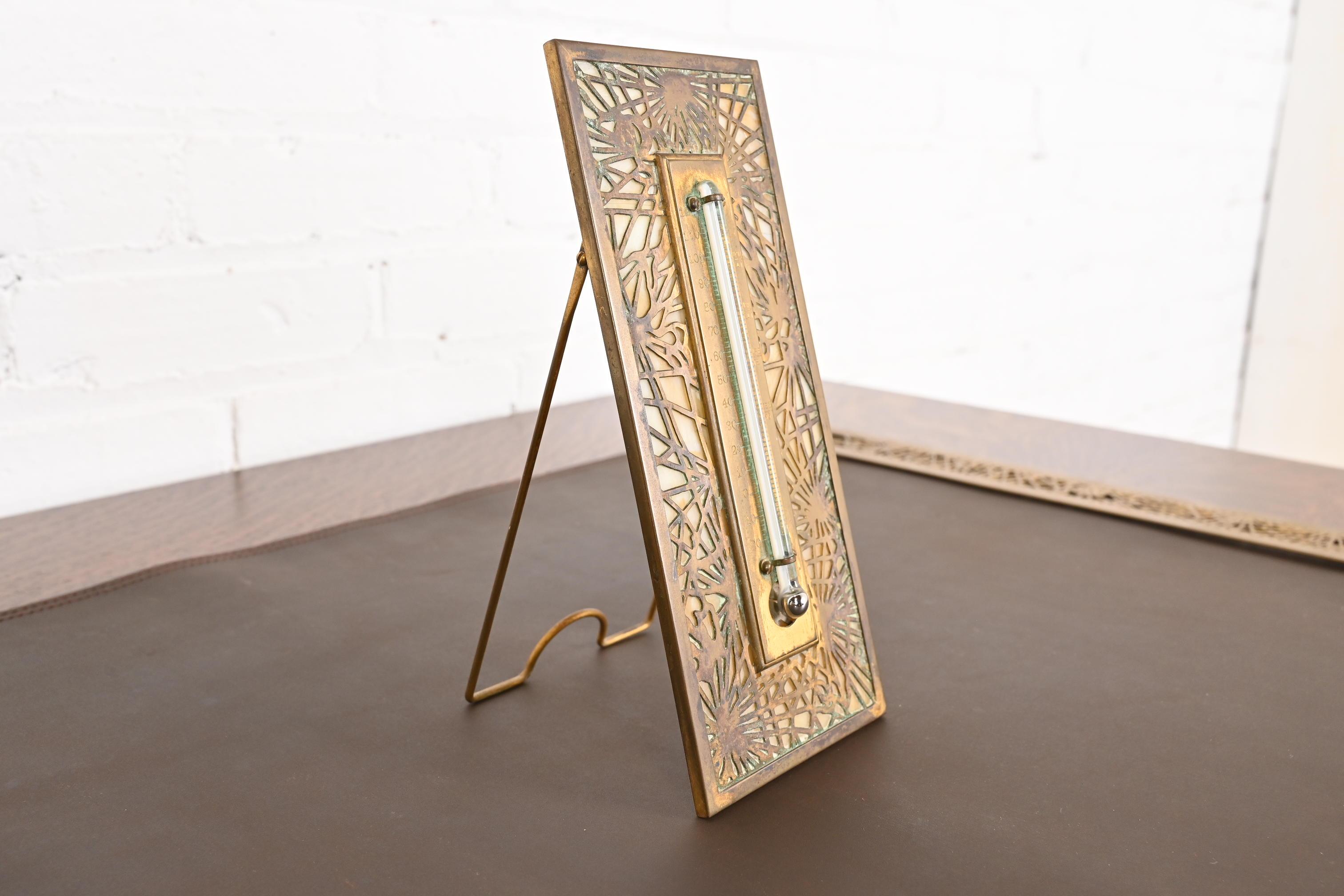 American Tiffany Studios New York Pine Needle Bronze Doré and Slag Glass Thermometer