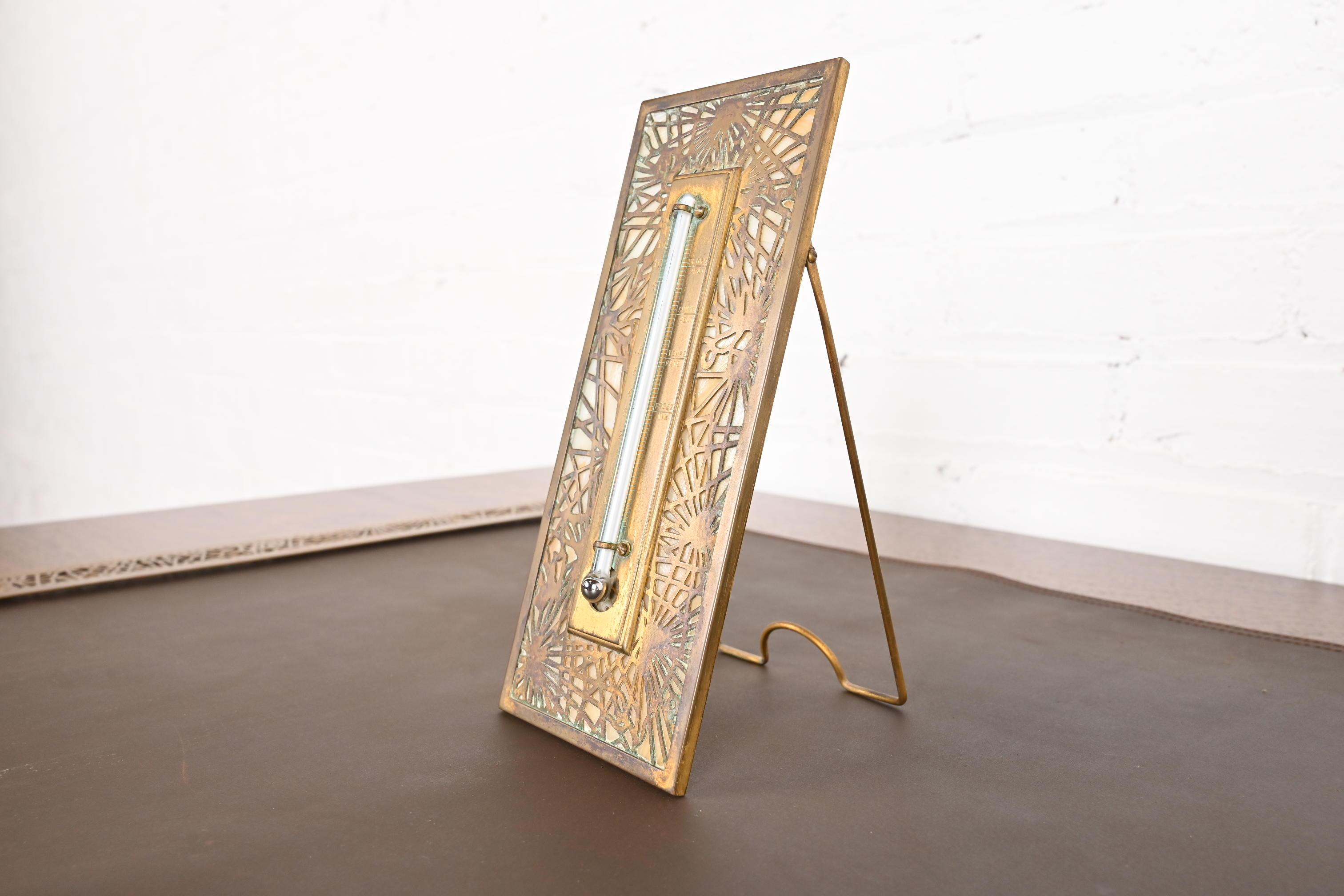 Tiffany Studios New York Pine Needle Bronze Doré and Slag Glass Thermometer In Good Condition In South Bend, IN