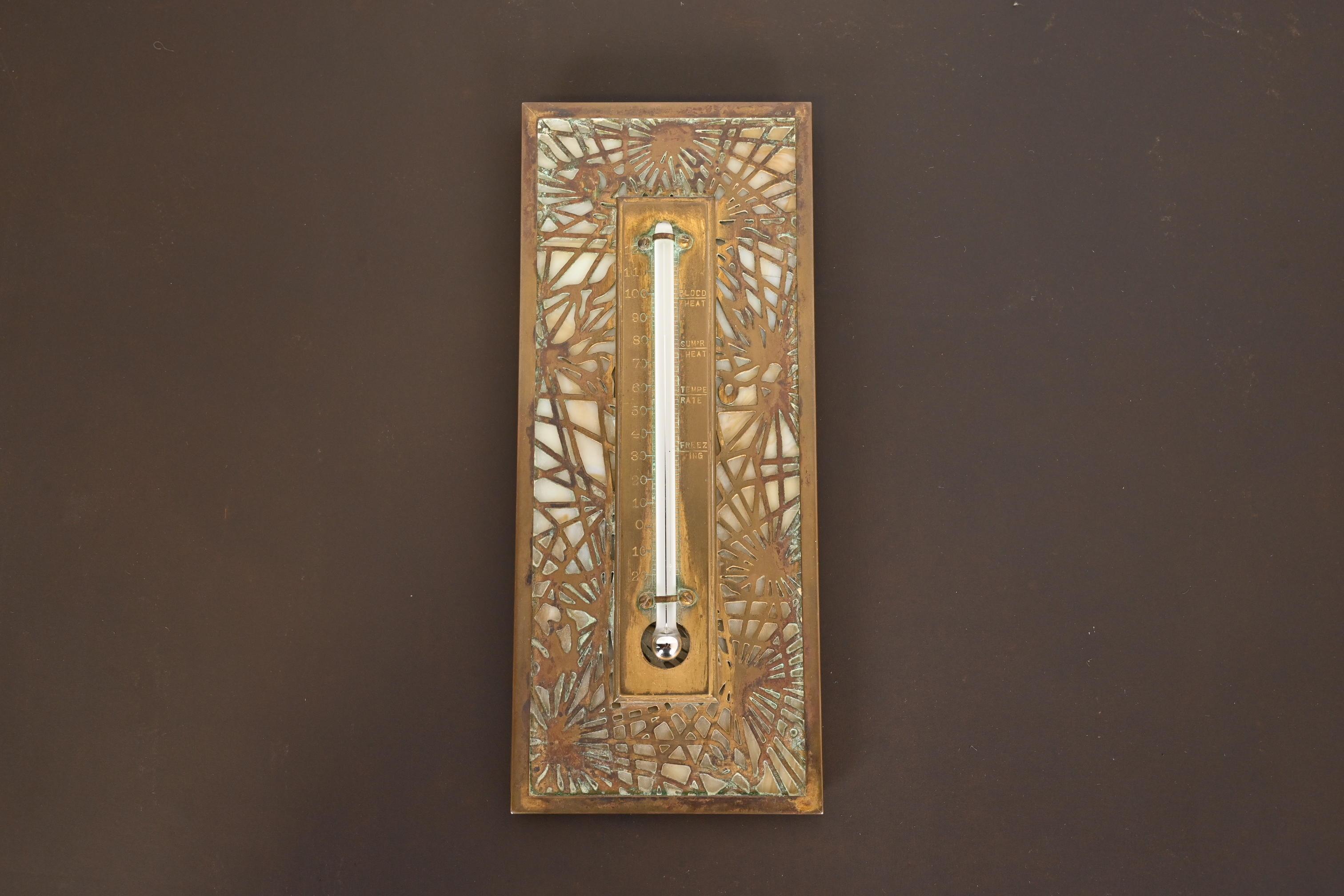 Tiffany Studios New York Pine Needle Bronze Doré and Slag Glass Thermometer 1