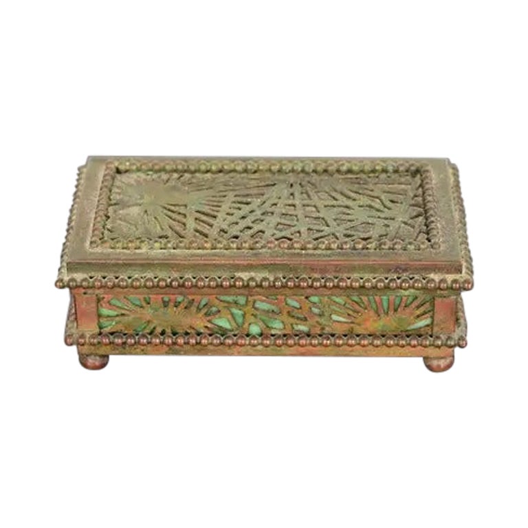 Tiffany Studios New York Pine Needle Pattern Bronze and Favrile Glass Stamp Box For Sale