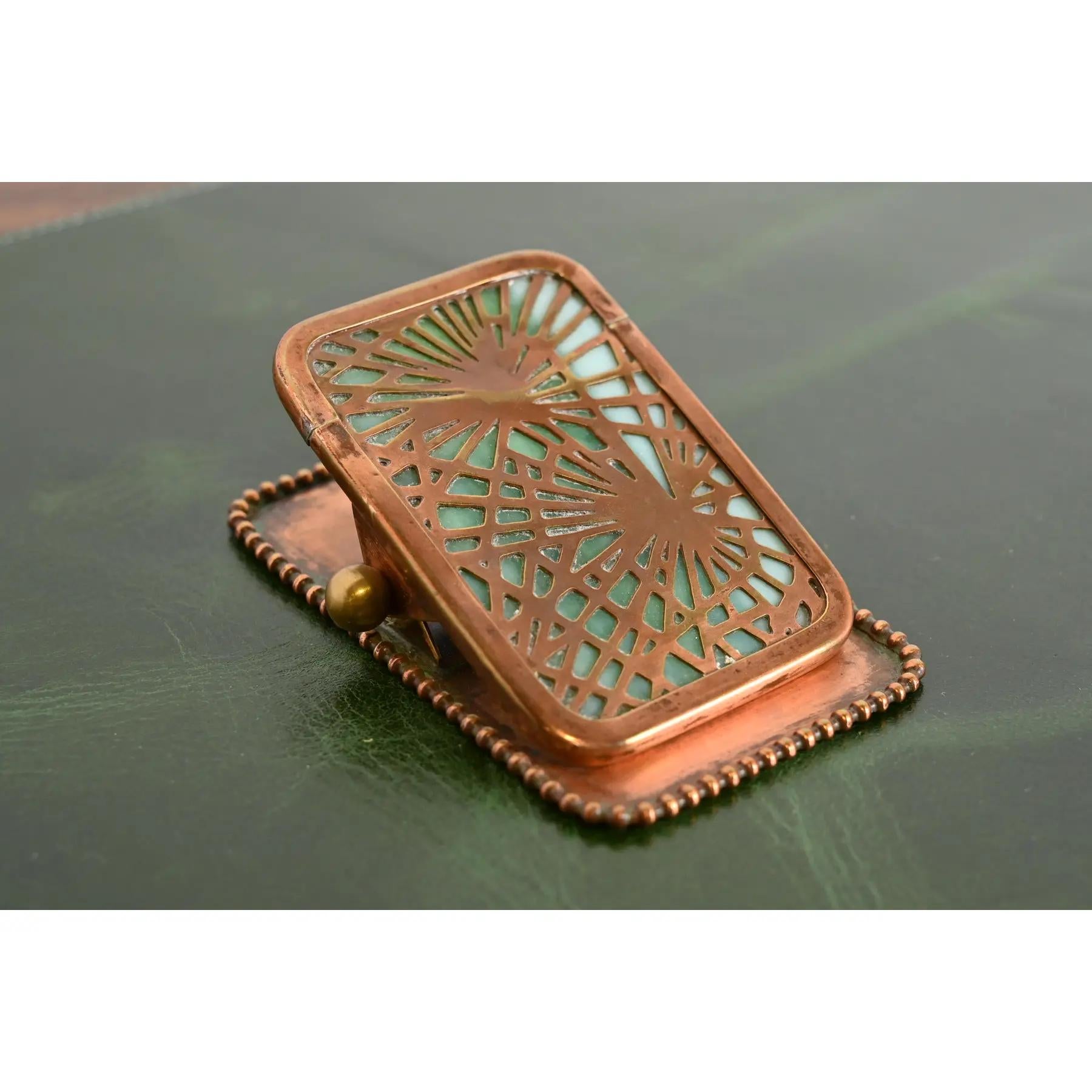 Tiffany Studios New York Pine Needle Pattern Bronze and Slag Glass Paper Clip In Good Condition In South Bend, IN