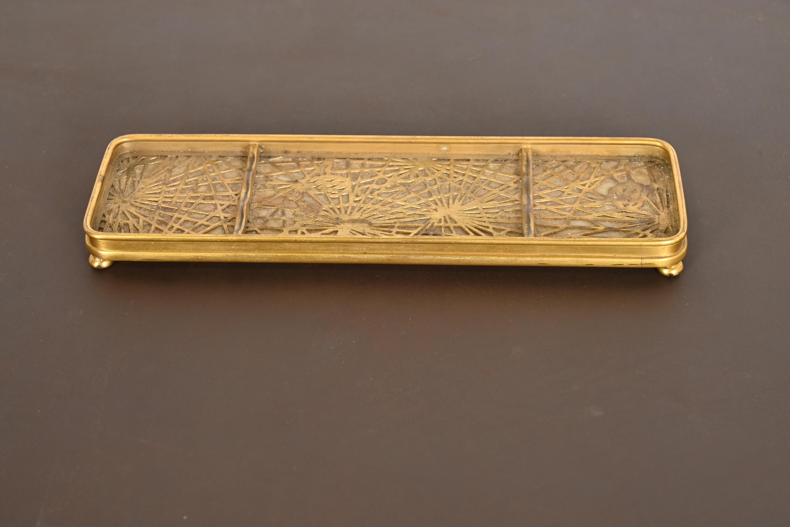 Arts and Crafts Tiffany Studios New York Pine Needle Pattern Bronze Doré and Slag Glass Pen Tray