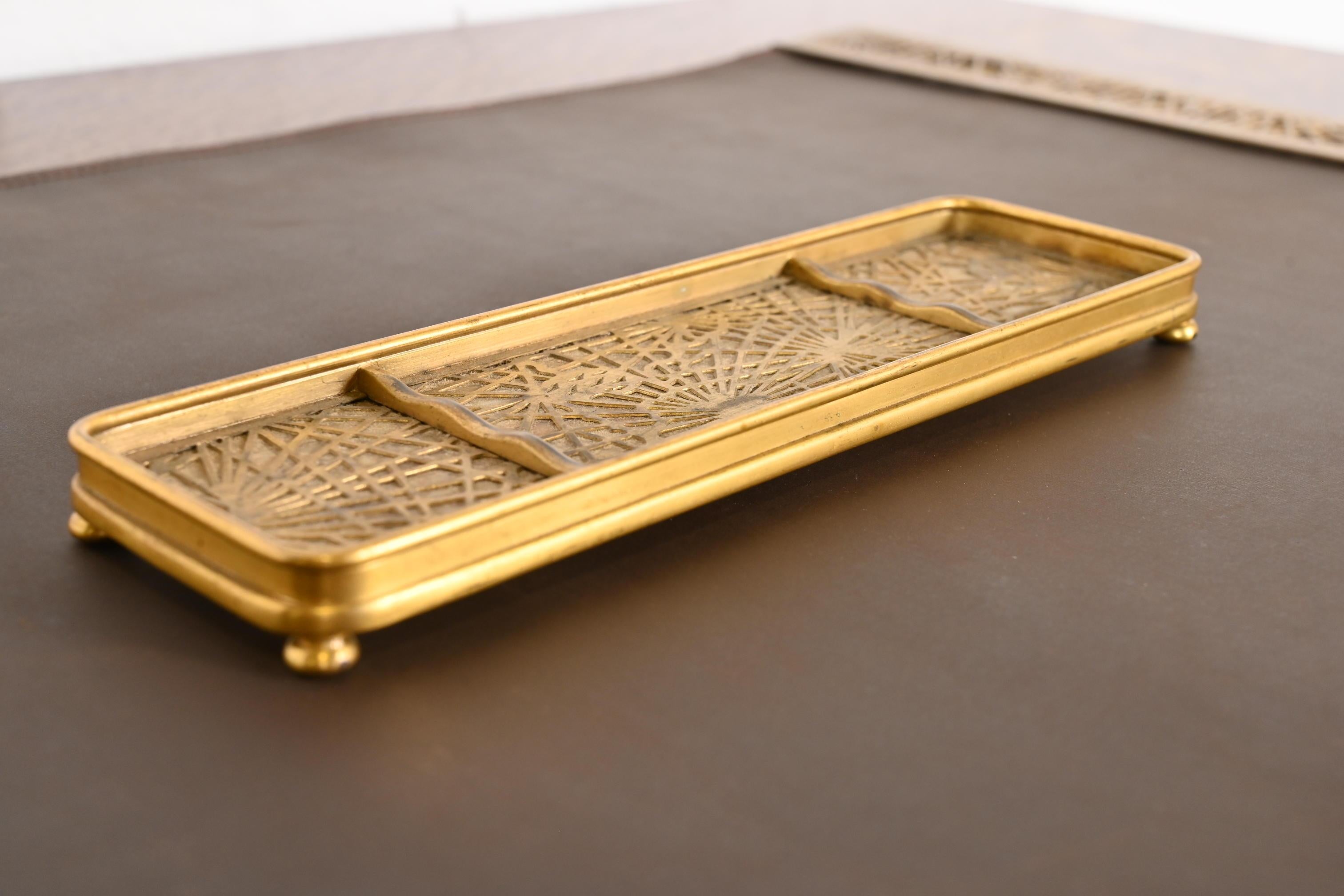 American Tiffany Studios New York Pine Needle Pattern Bronze Doré and Slag Glass Pen Tray