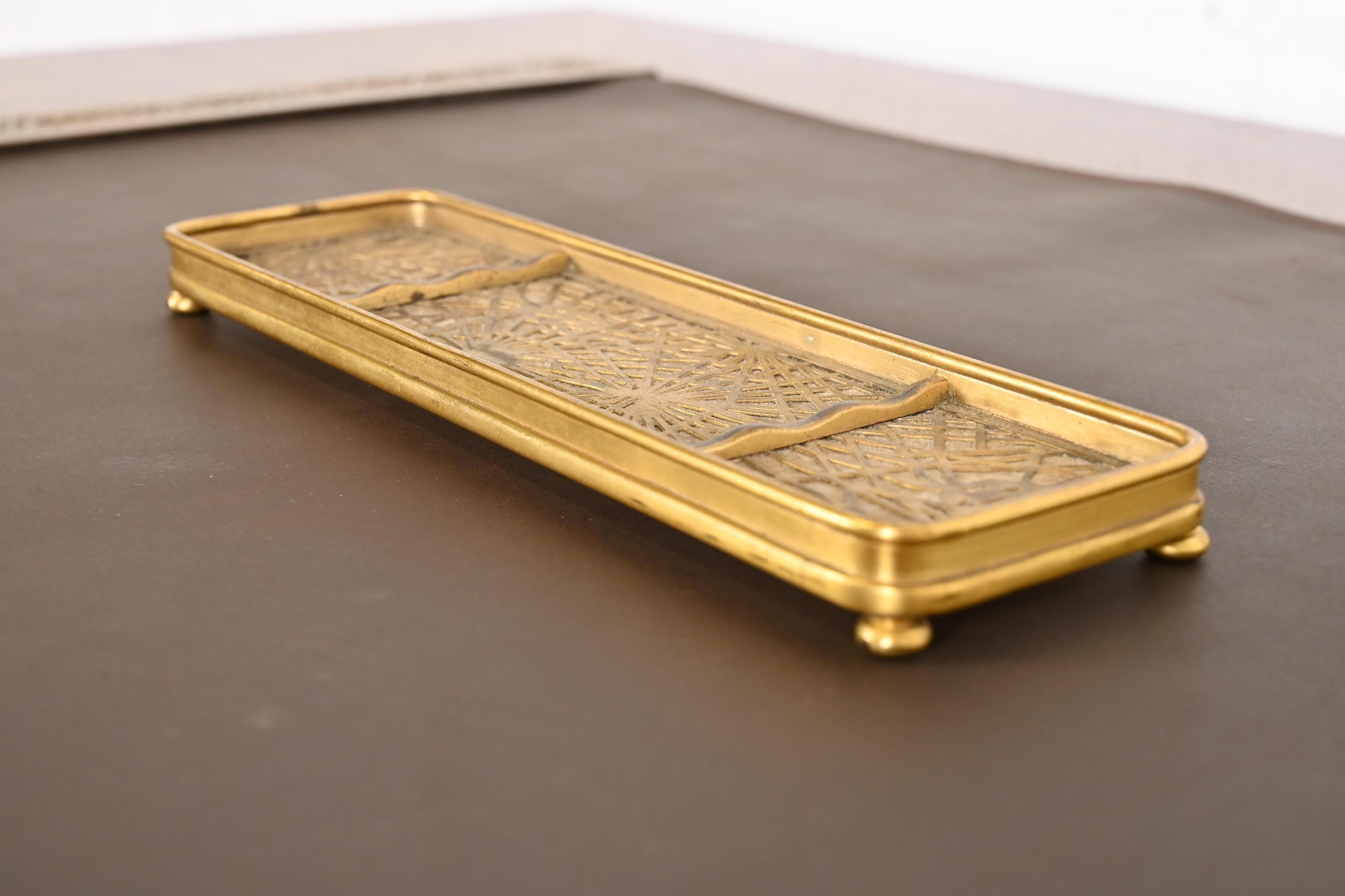 20th Century Tiffany Studios New York Pine Needle Pattern Bronze Doré and Slag Glass Pen Tray