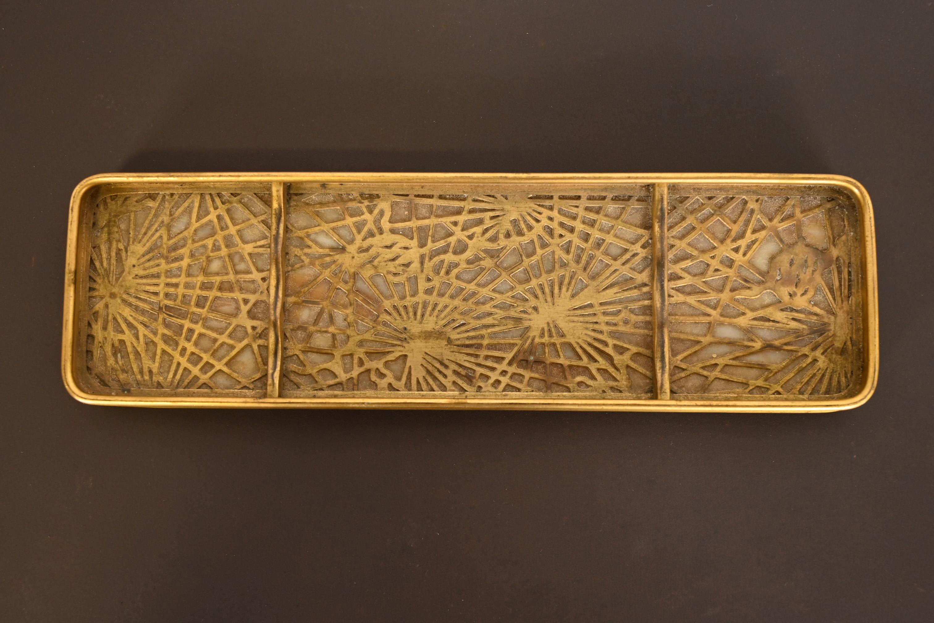 Tiffany Studios New York Pine Needle Pattern Bronze Doré and Slag Glass Pen Tray 1