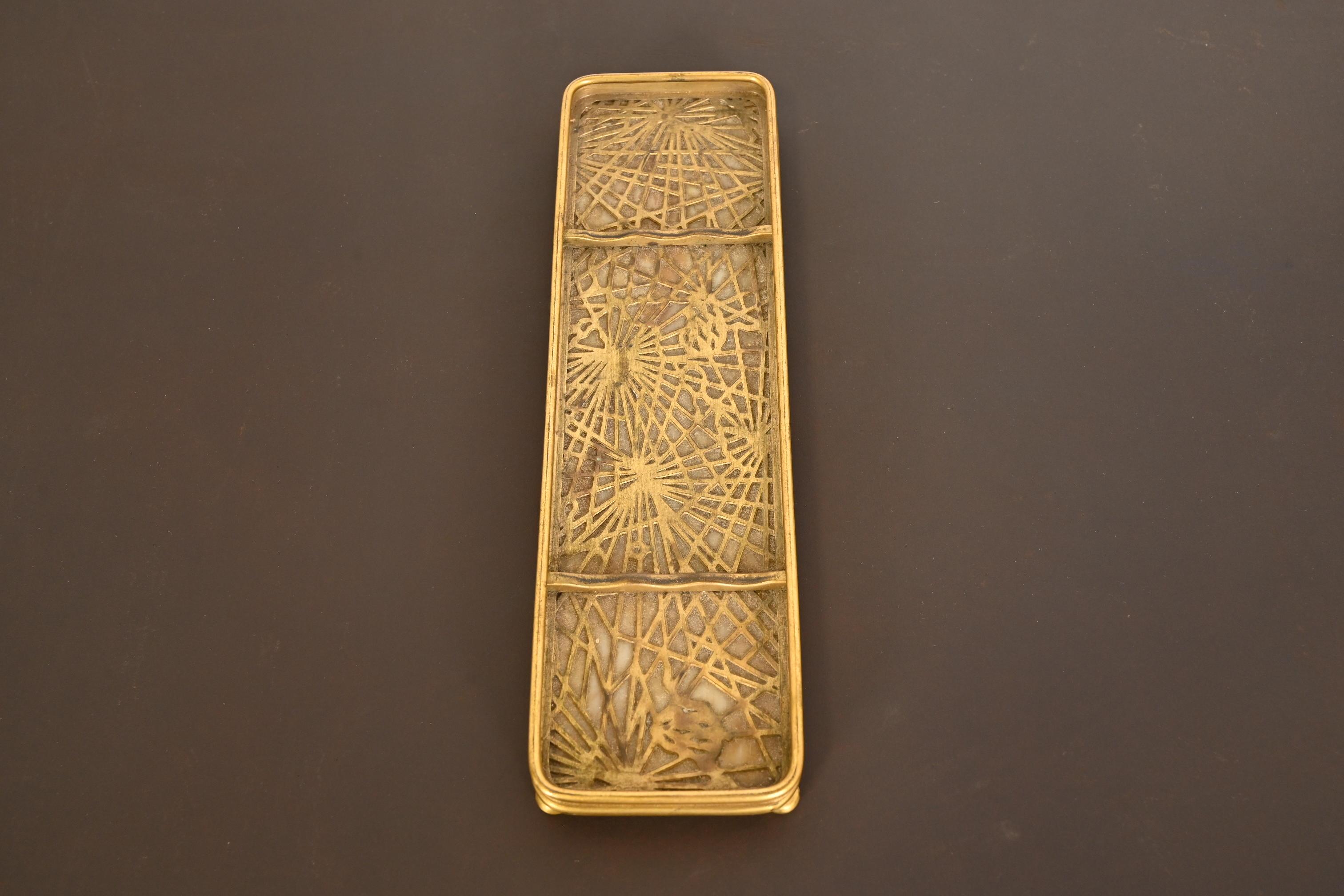 Tiffany Studios New York Pine Needle Pattern Bronze Doré and Slag Glass Pen Tray 2