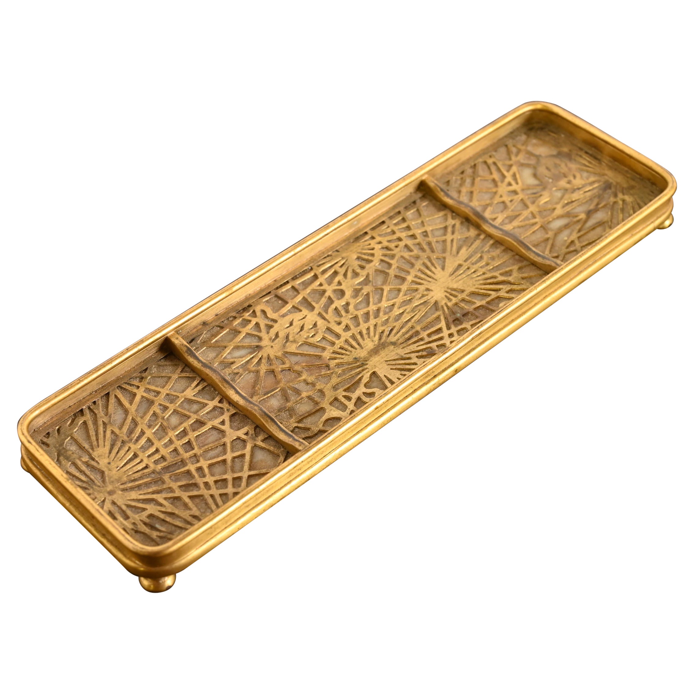 Tiffany Studios New York Pine Needle Pattern Bronze Doré and Slag Glass Pen Tray