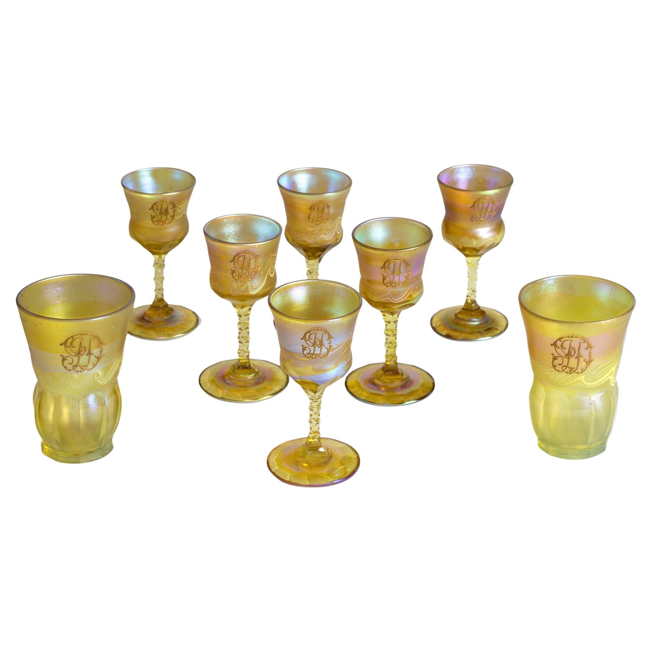 Tiffany Studios New York Set of Favrile Glass Cups and Cordials For Sale