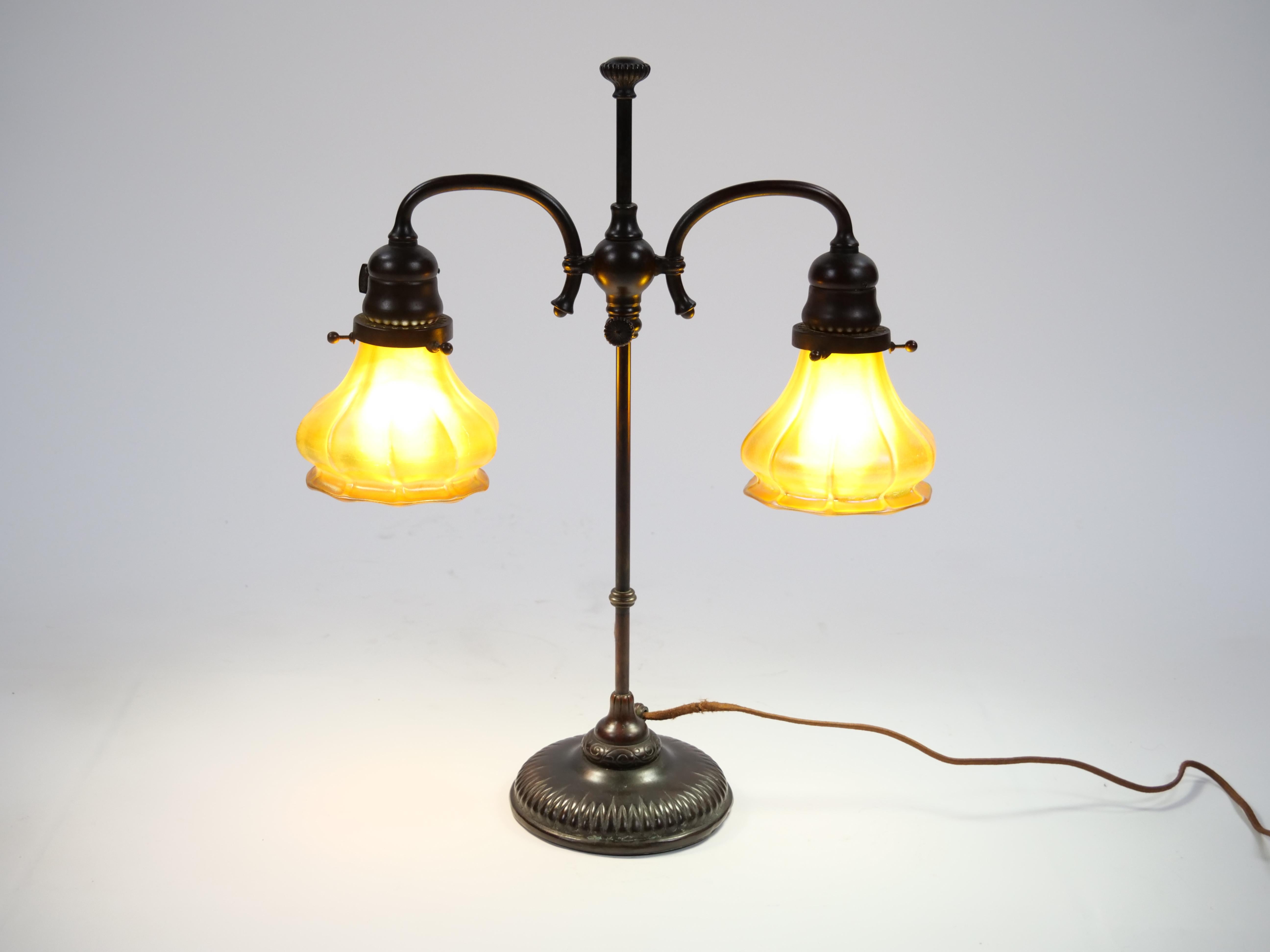 Tiffany Studios New York Signed Bronze Base and Globes Double Student Lamp For Sale 9