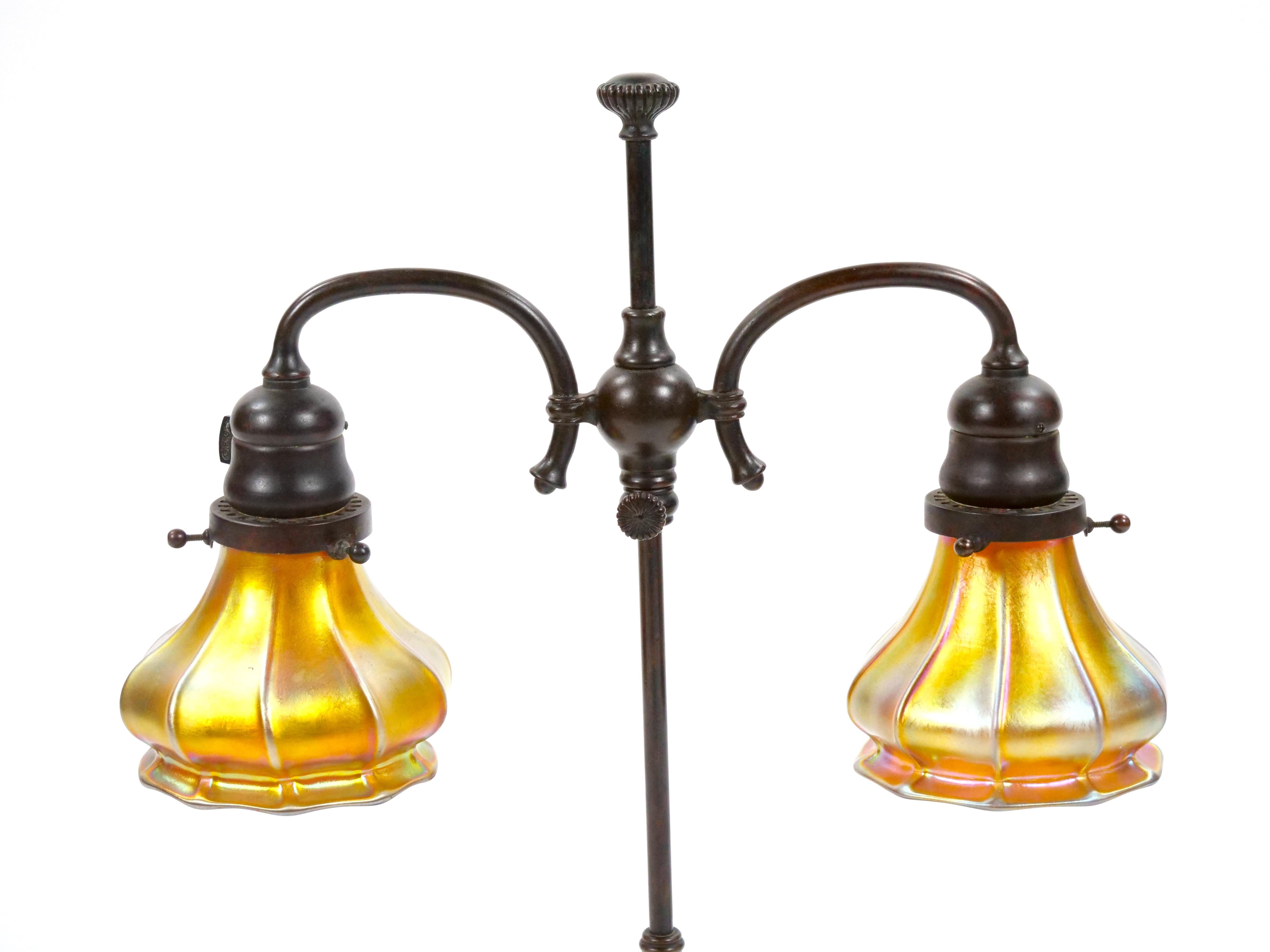 Aesthetic Movement Tiffany Studios New York Signed Bronze Base and Globes Double Student Lamp For Sale