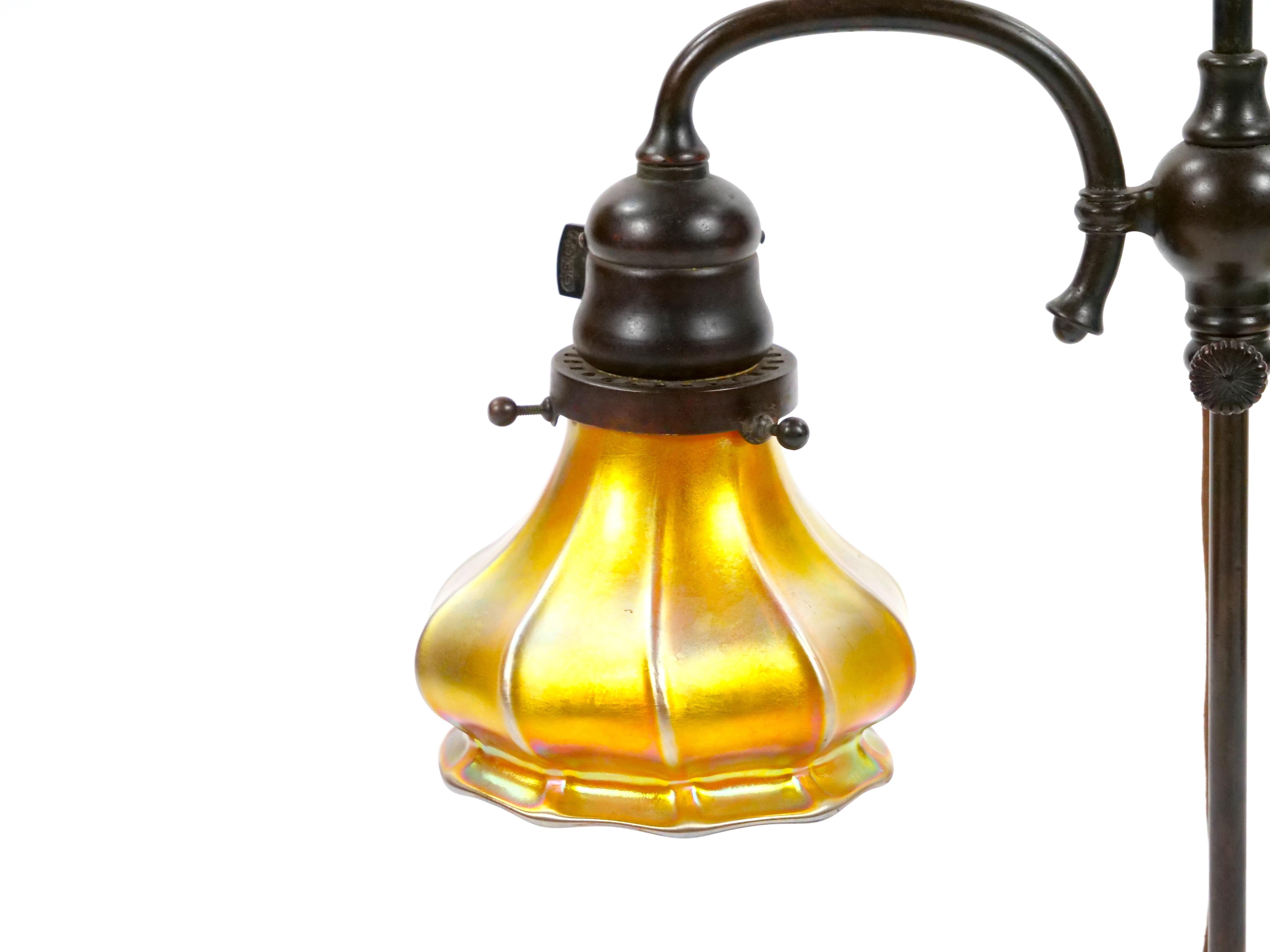American Tiffany Studios New York Signed Bronze Base and Globes Double Student Lamp For Sale