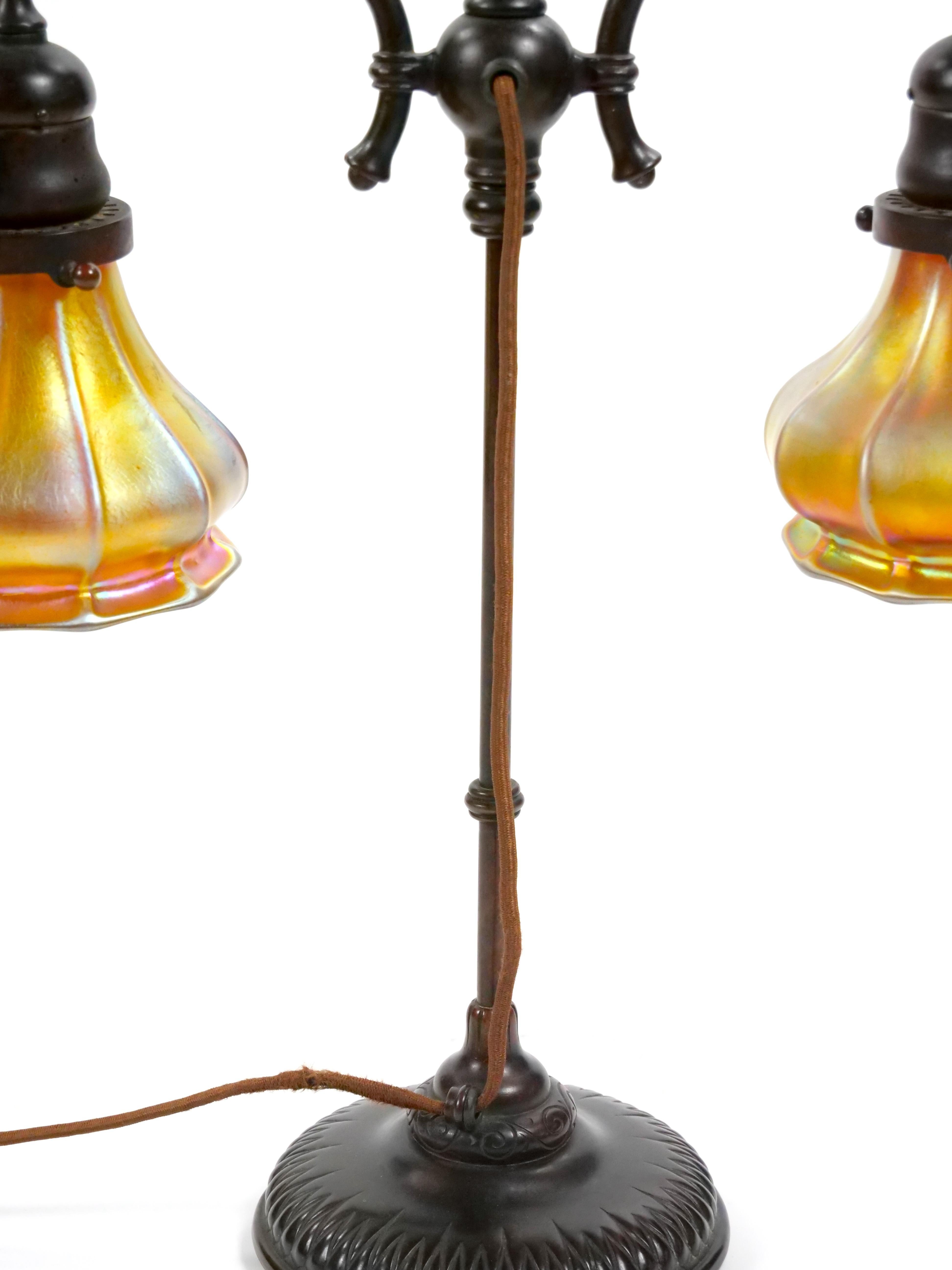 20th Century Tiffany Studios New York Signed Bronze Base and Globes Double Student Lamp For Sale