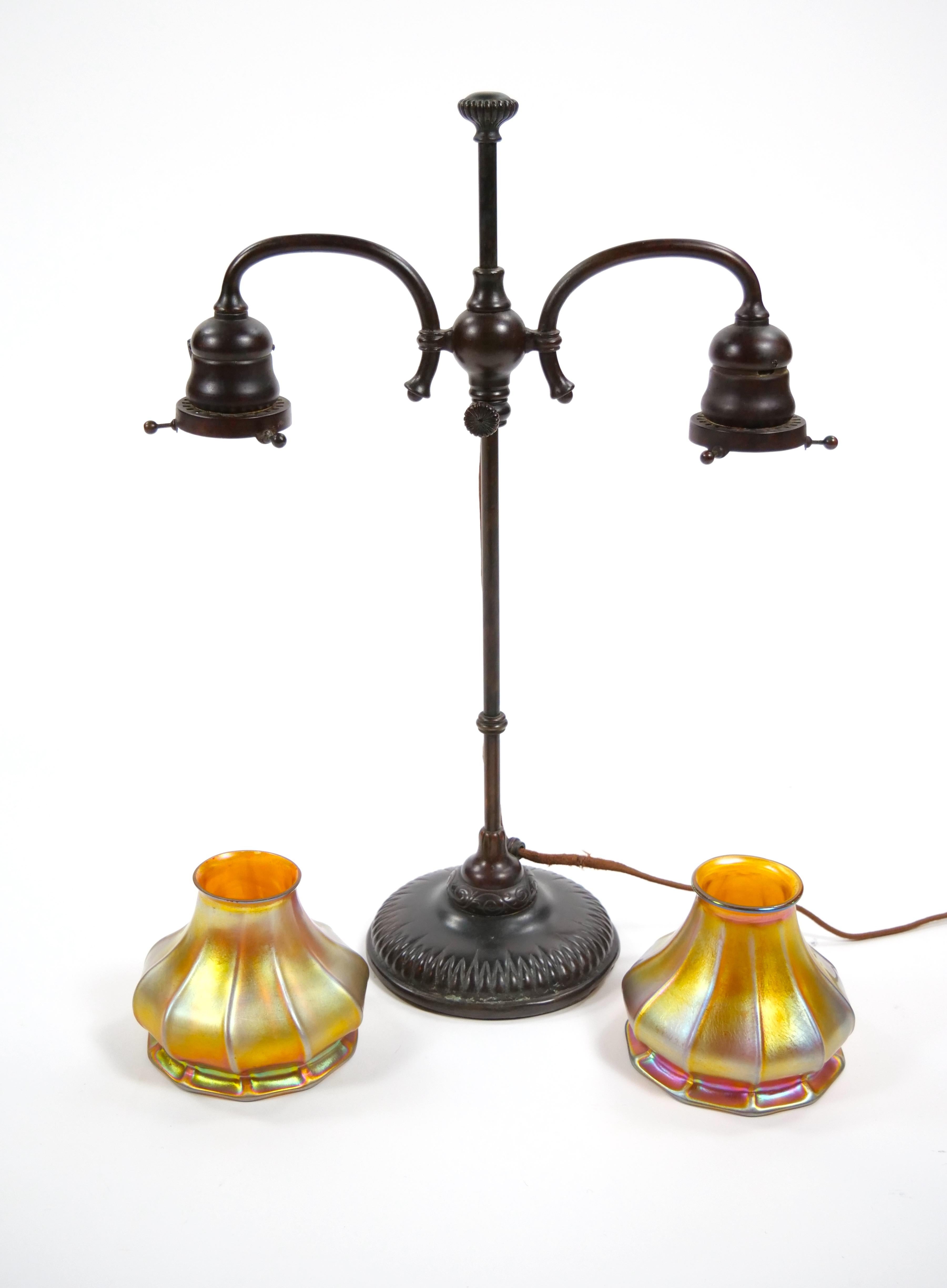Tiffany Studios New York Signed Bronze Base and Globes Double Student Lamp For Sale 1