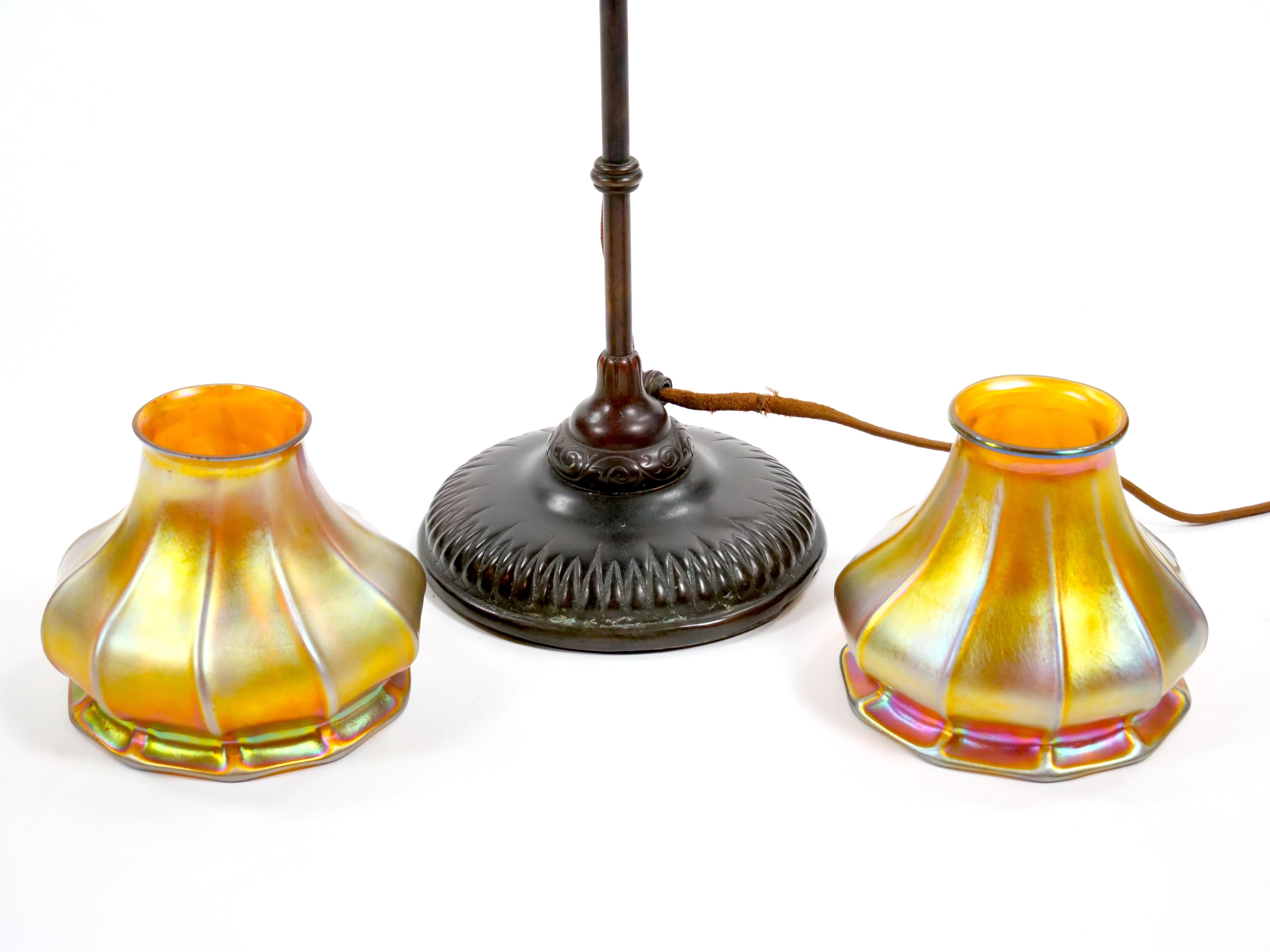 Tiffany Studios New York Signed Bronze Base and Globes Double Student Lamp For Sale 2