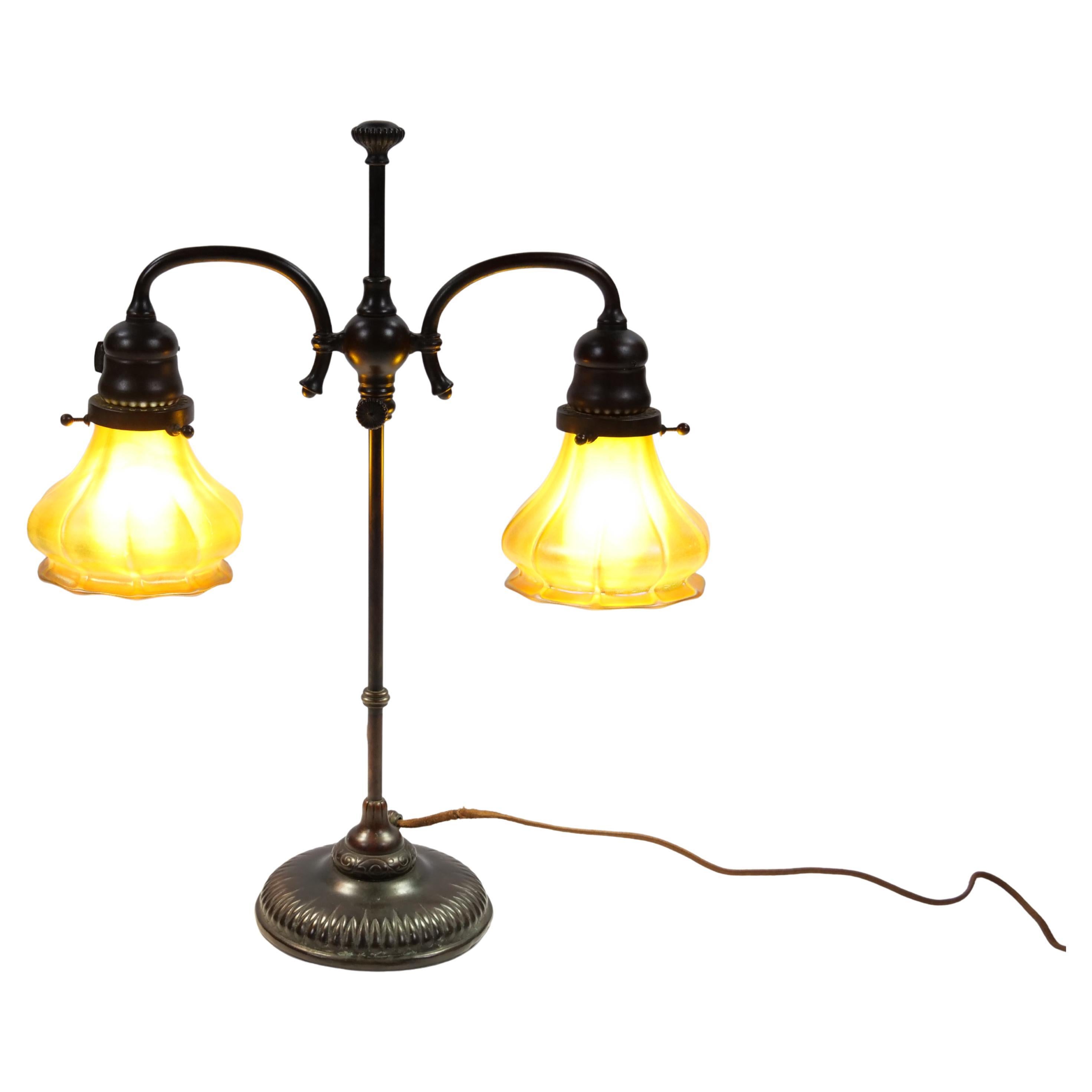 Tiffany Studios New York Signed Bronze Base and Globes Double Student Lamp