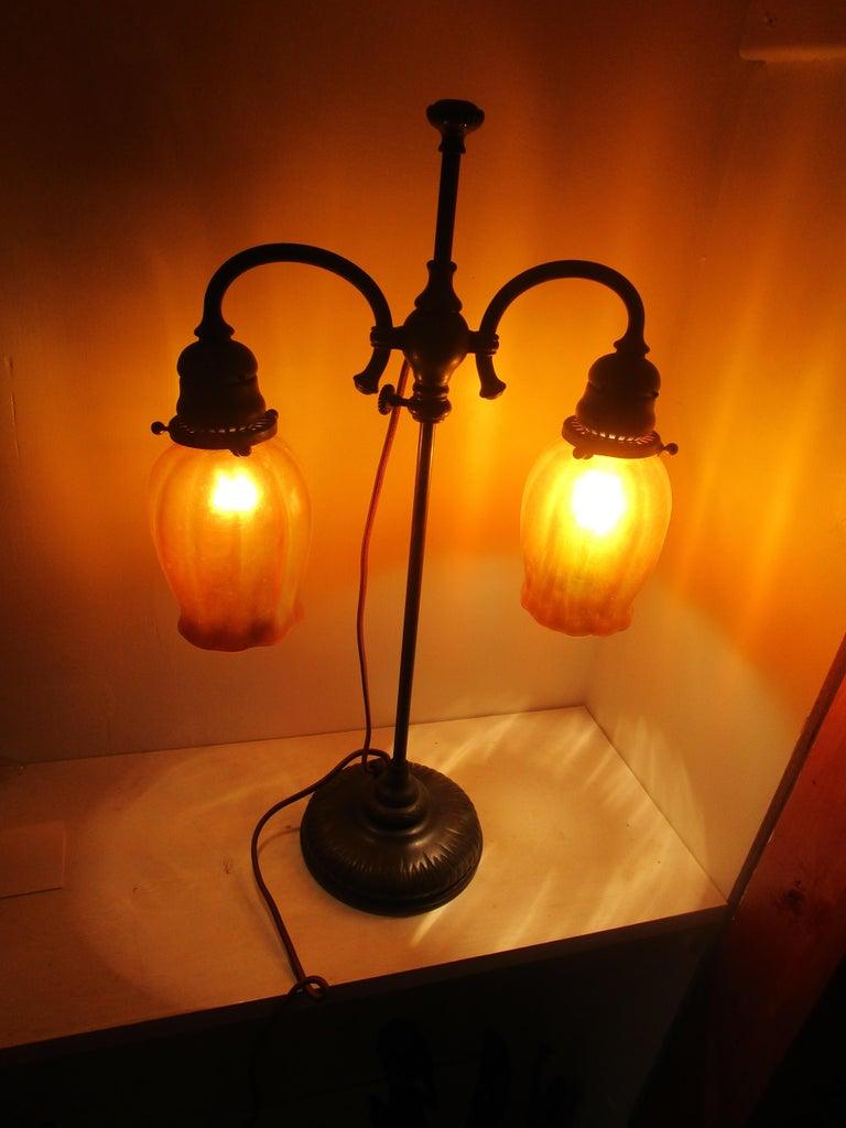 Tiffany Studios New York Student Lamp Signed Bronze Base and Artglass Globes For Sale 2
