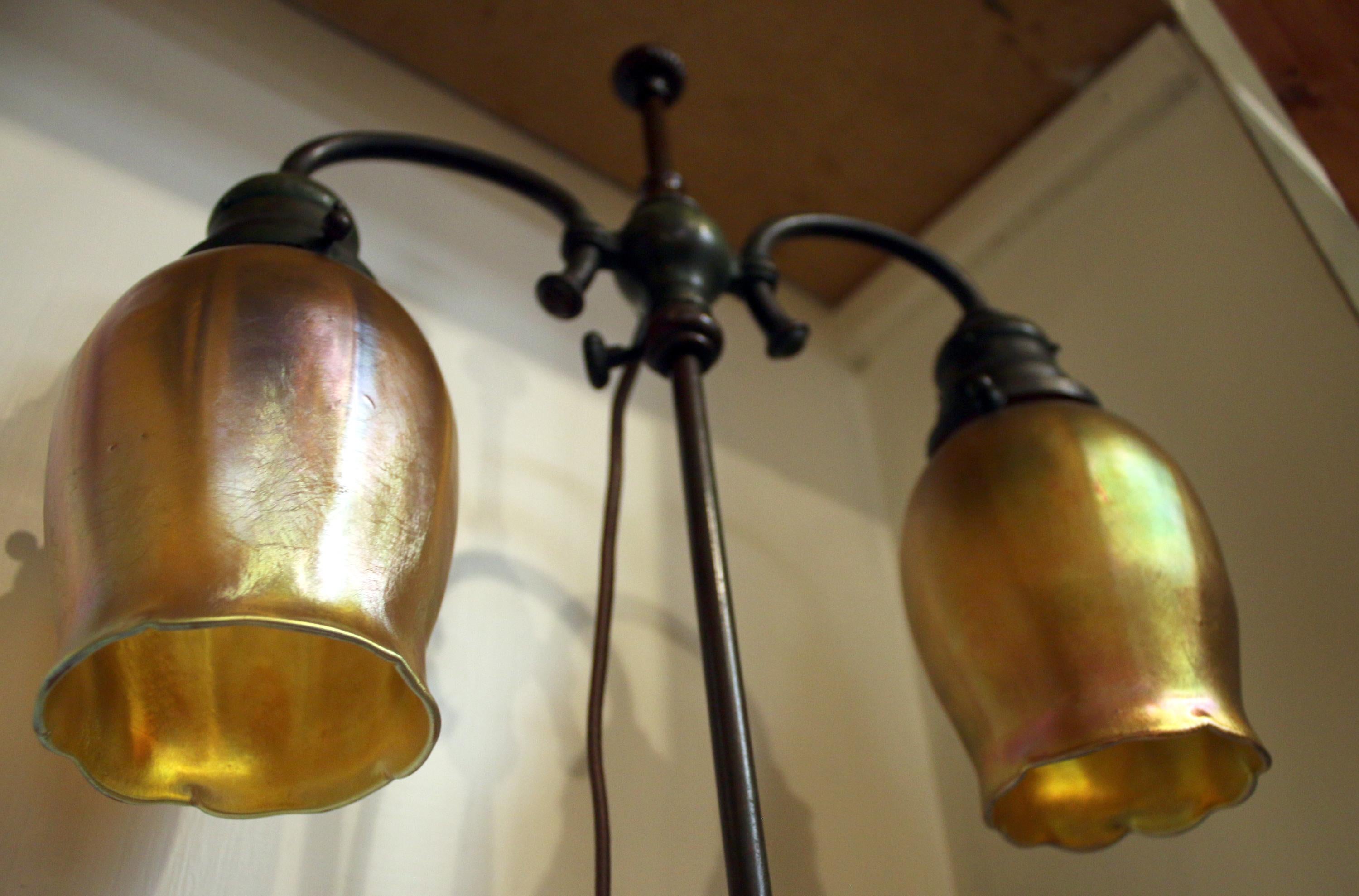 Bronzed Tiffany Studios New York Student Lamp Signed Bronze Base and Artglass Globes For Sale