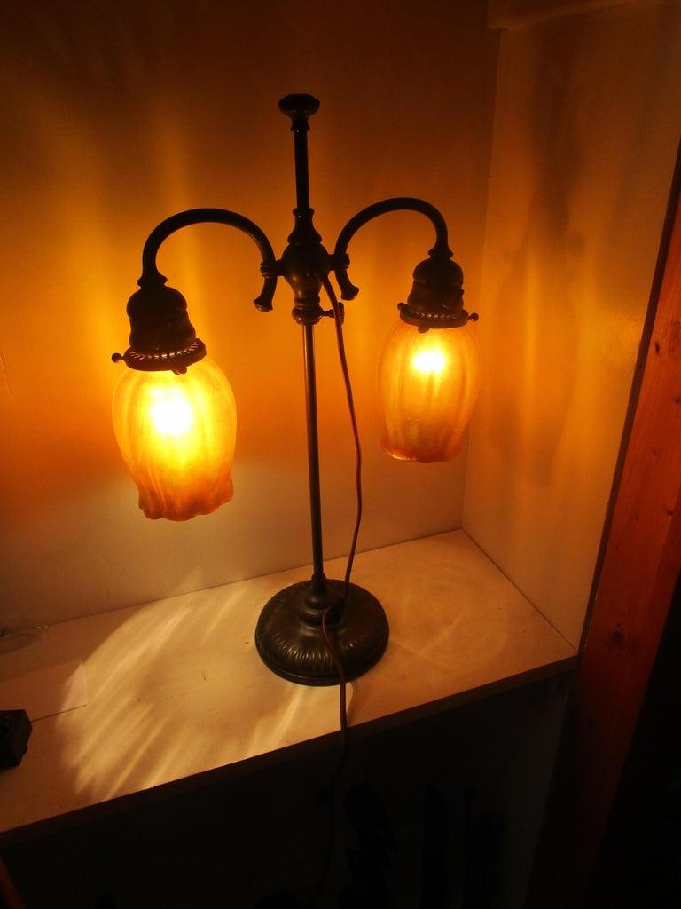 Art Glass Tiffany Studios New York Student Lamp Signed Bronze Base and Artglass Globes For Sale