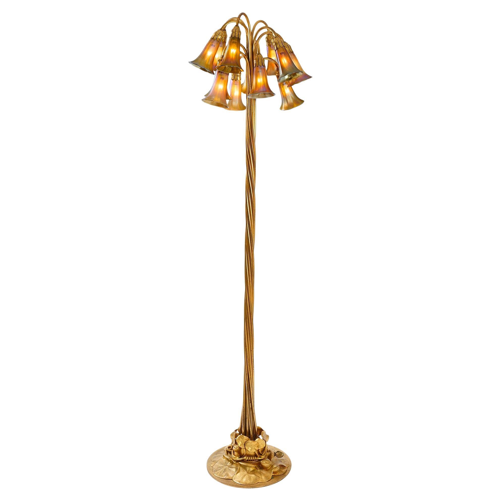 Tiffany Studios New York "Twelve Light Lily" Gilt Bronze Floor Lamp For Sale