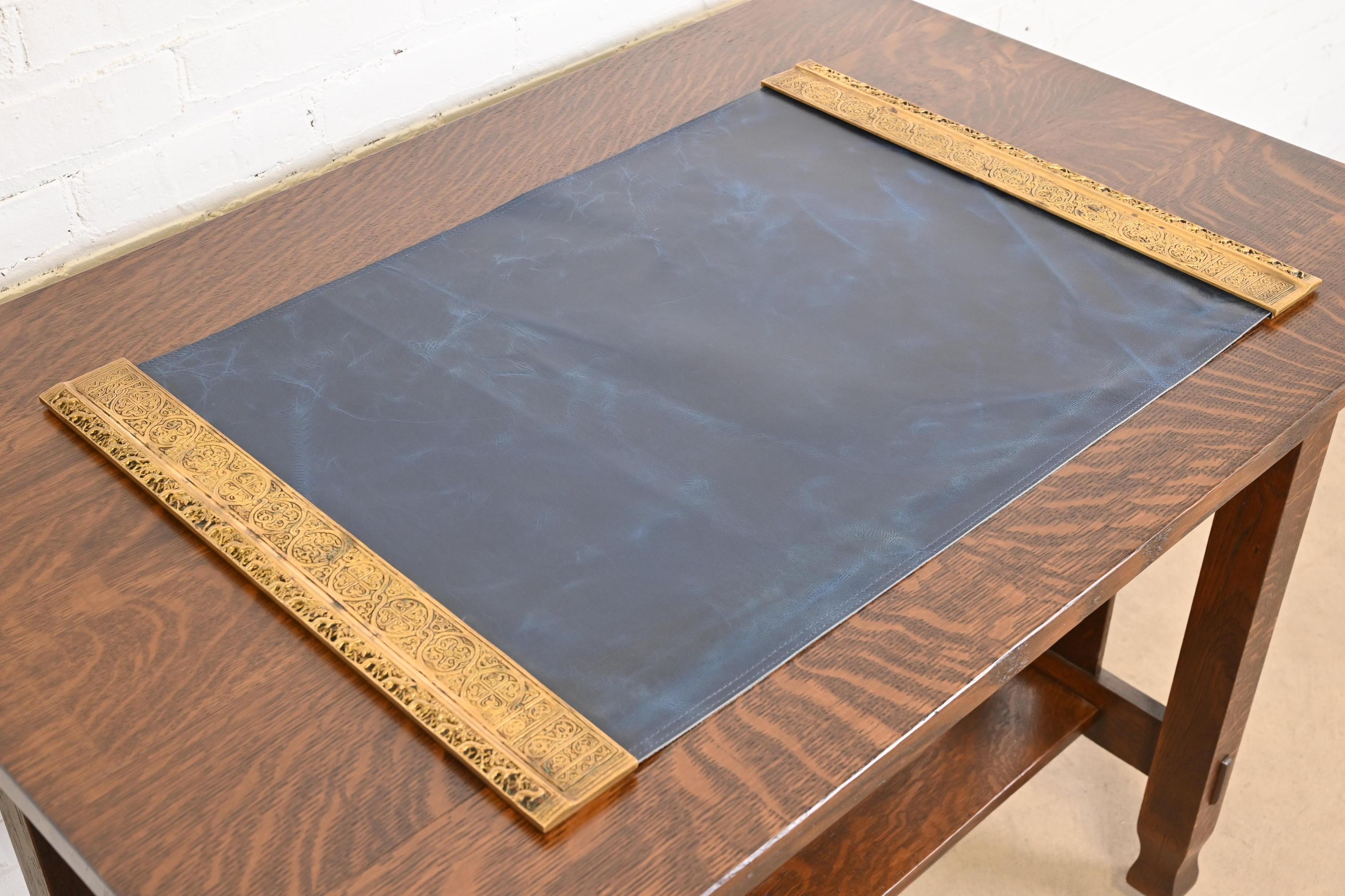 20th Century Tiffany Studios New York Venetian Bronze Doré Blotter Ends With Leather Desk Pad For Sale
