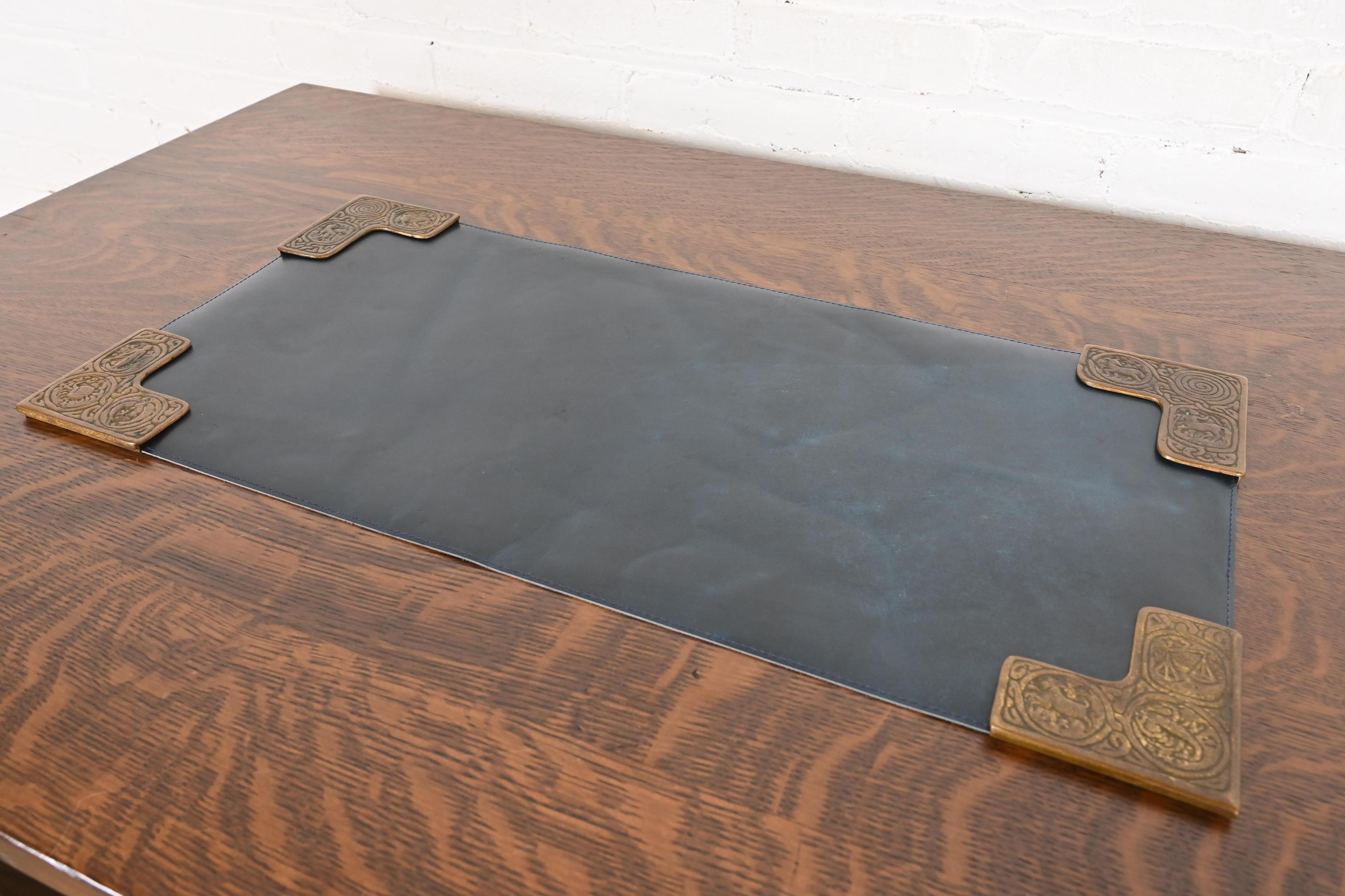 American Tiffany Studios New York Zodiac Bronze Blotter Corners With Leather Desk Blotter For Sale