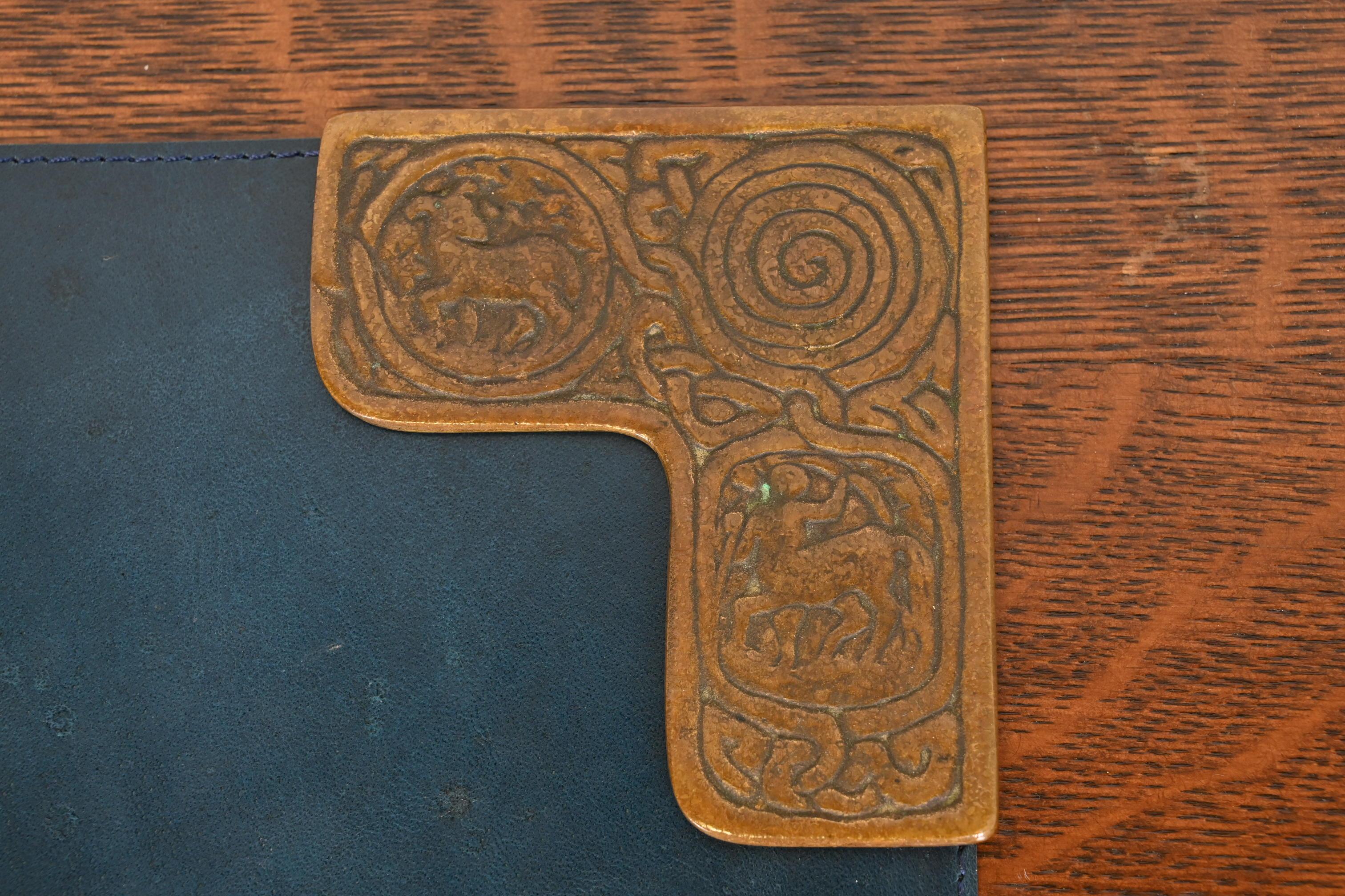 Tiffany Studios New York Zodiac Bronze Blotter Corners With Leather Desk Blotter For Sale 1