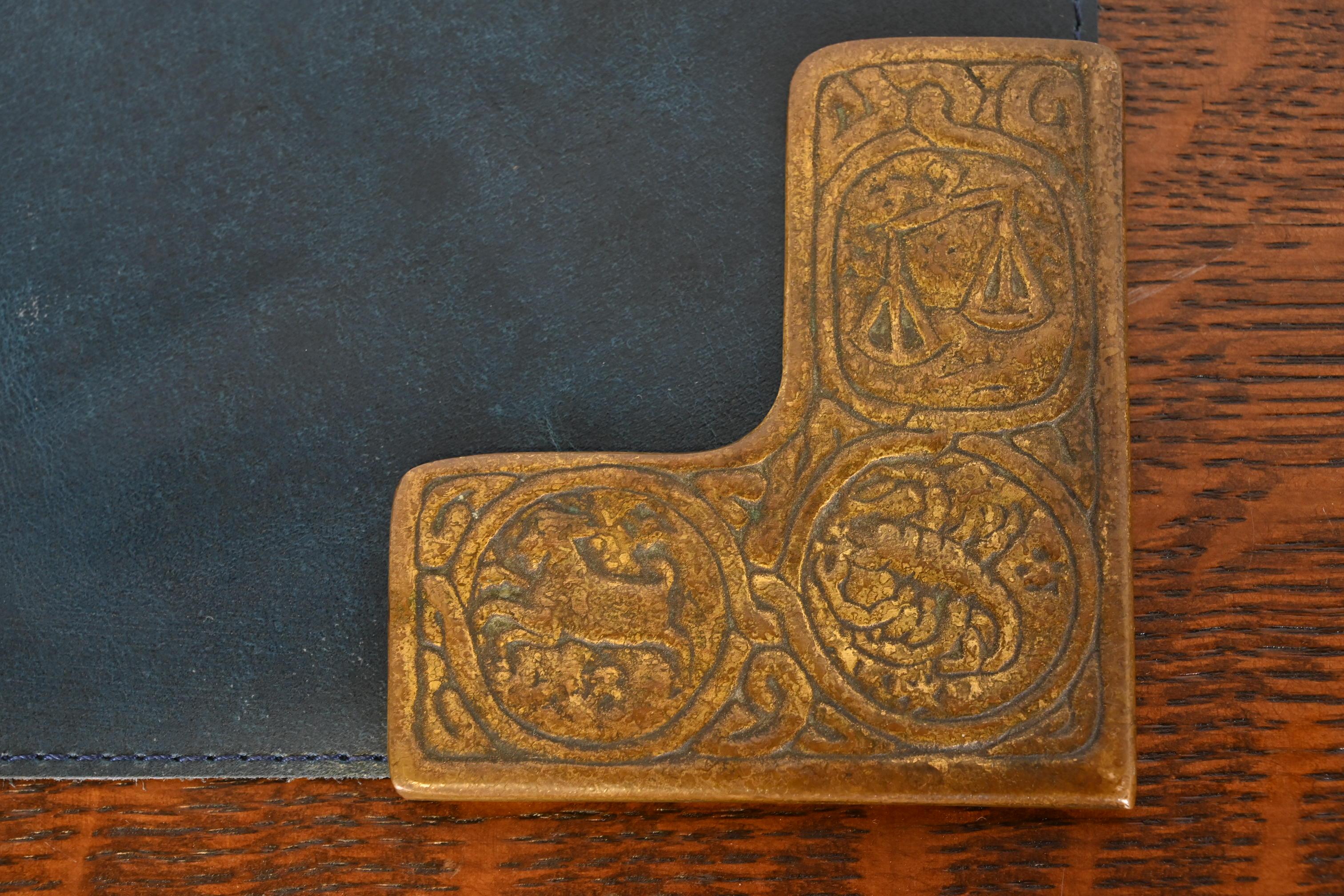Tiffany Studios New York Zodiac Bronze Blotter Corners With Leather Desk Blotter For Sale 2