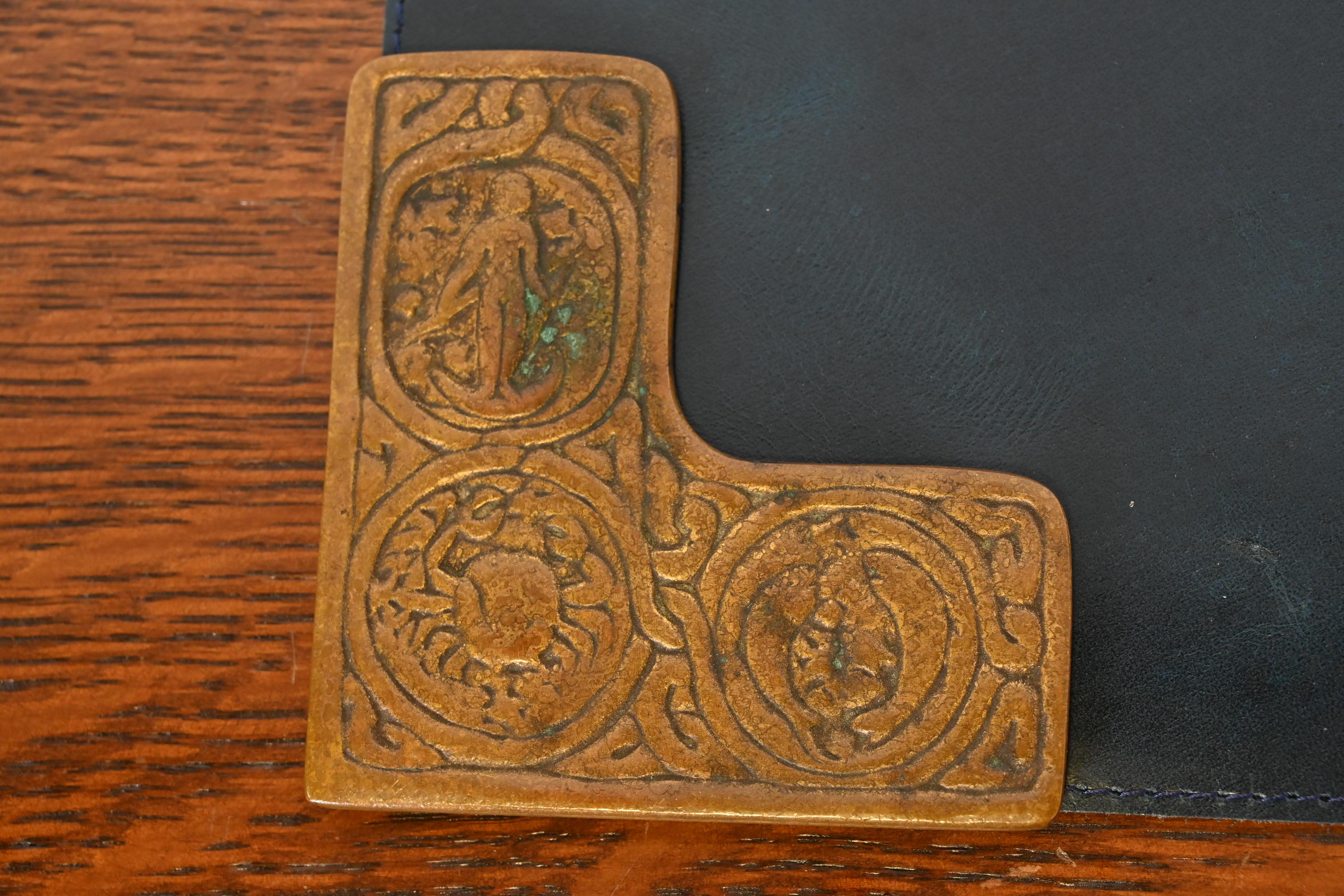 Tiffany Studios New York Zodiac Bronze Blotter Corners With Leather Desk Blotter For Sale 3