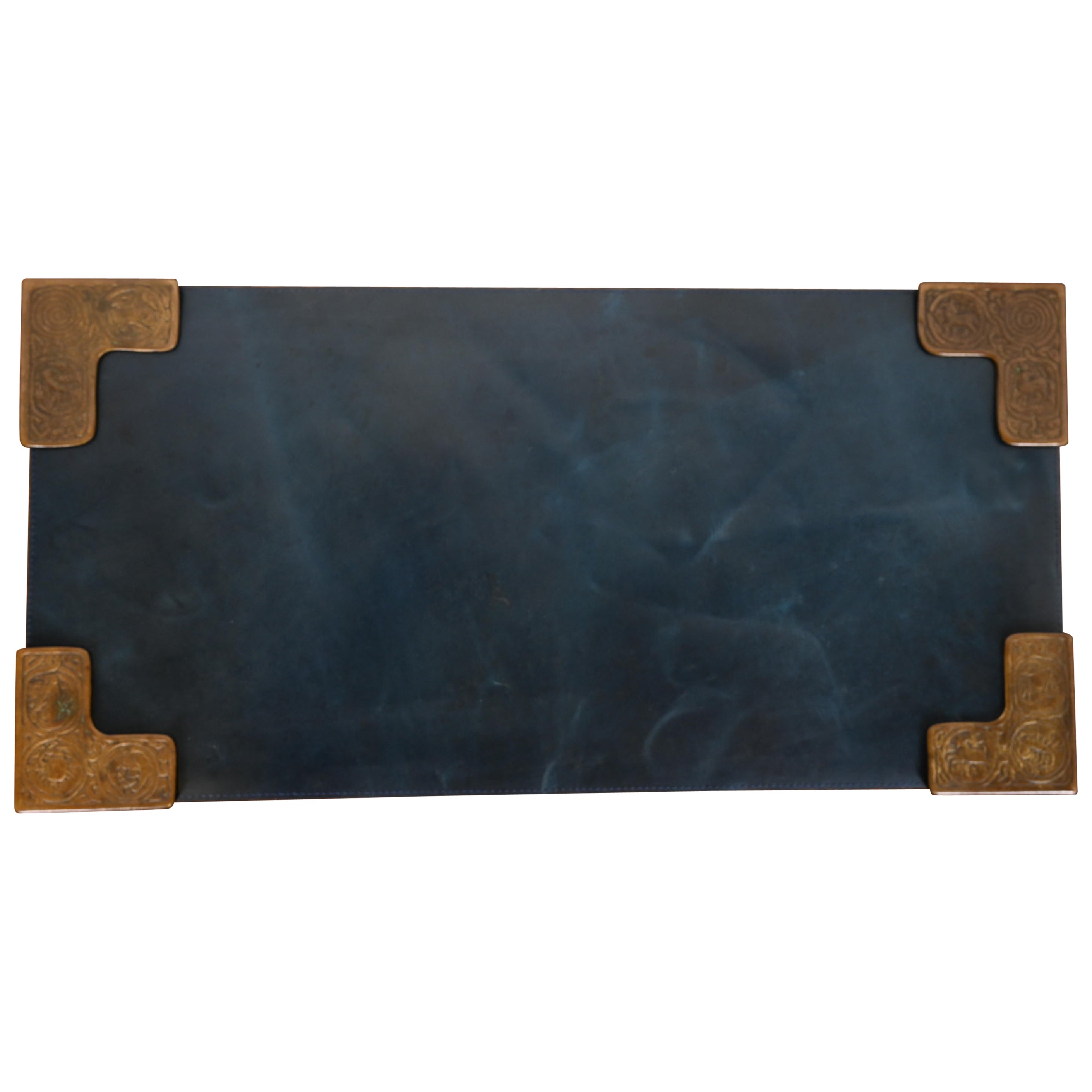 Tiffany Studios New York Zodiac Bronze Blotter Corners With Leather Desk Blotter