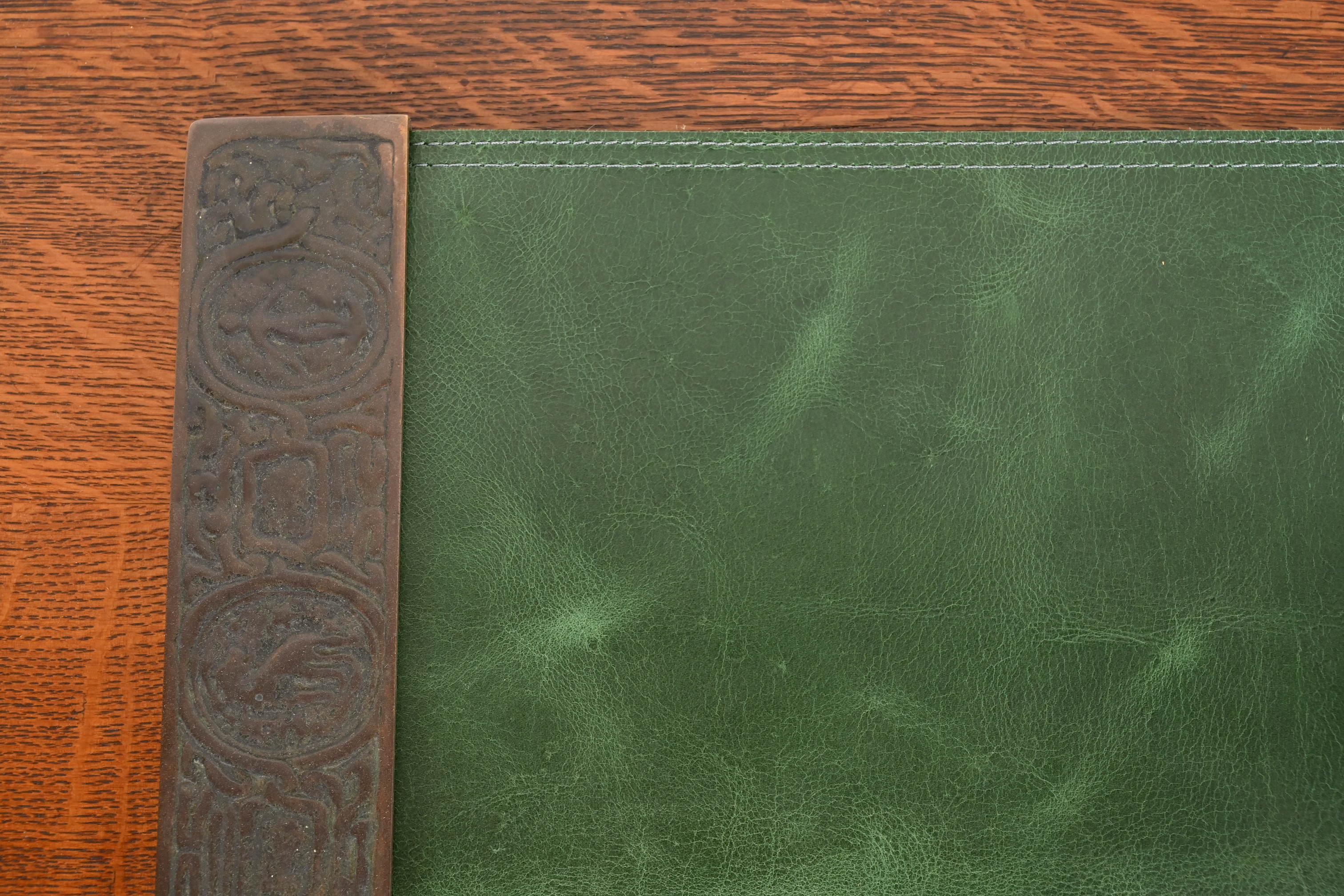 Tiffany Studios New York Zodiac Bronze Blotter Ends With Green Leather Desk Pad For Sale 4