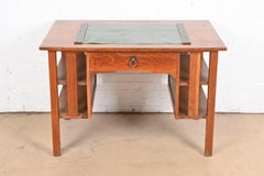 Tiffany Studios New York Zodiac Bronze Blotter Ends With Green Leather Desk Pad