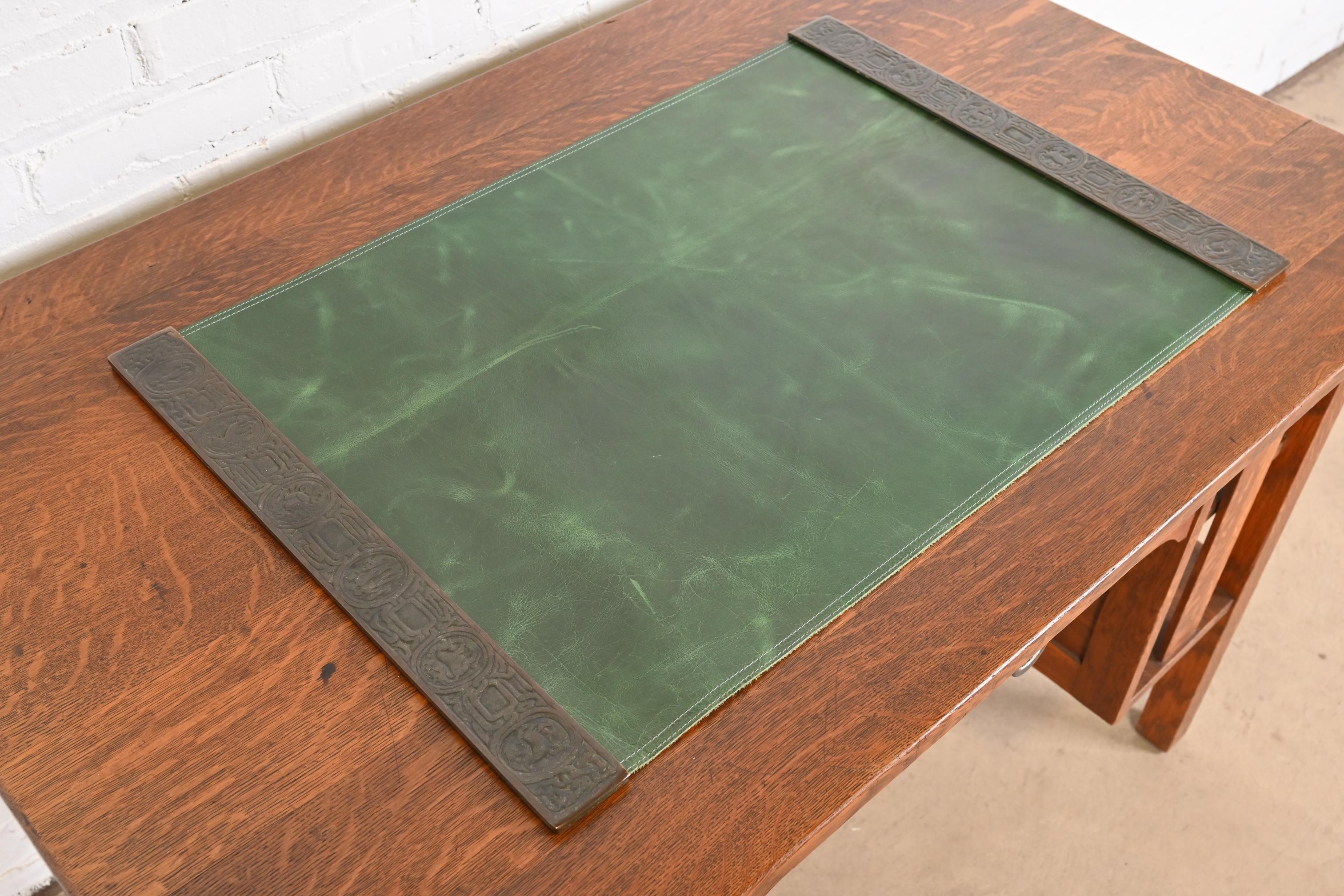 Tiffany Studios New York Zodiac Bronze Blotter Ends With Green Leather Desk Pad In Good Condition For Sale In South Bend, IN