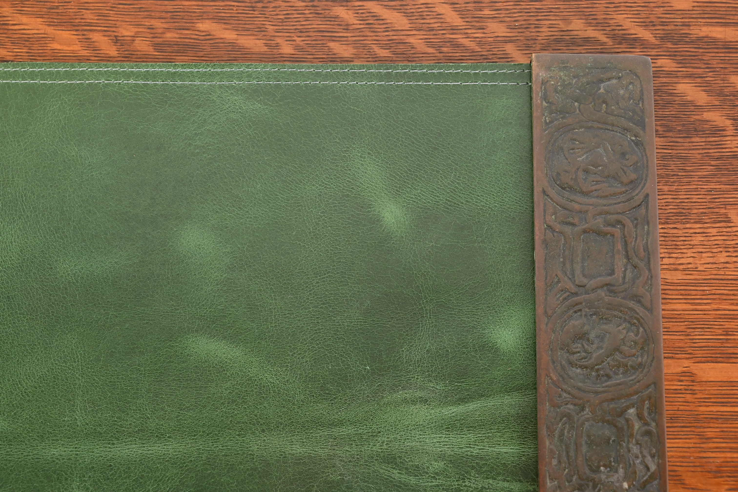 Tiffany Studios New York Zodiac Bronze Blotter Ends With Green Leather Desk Pad For Sale 2