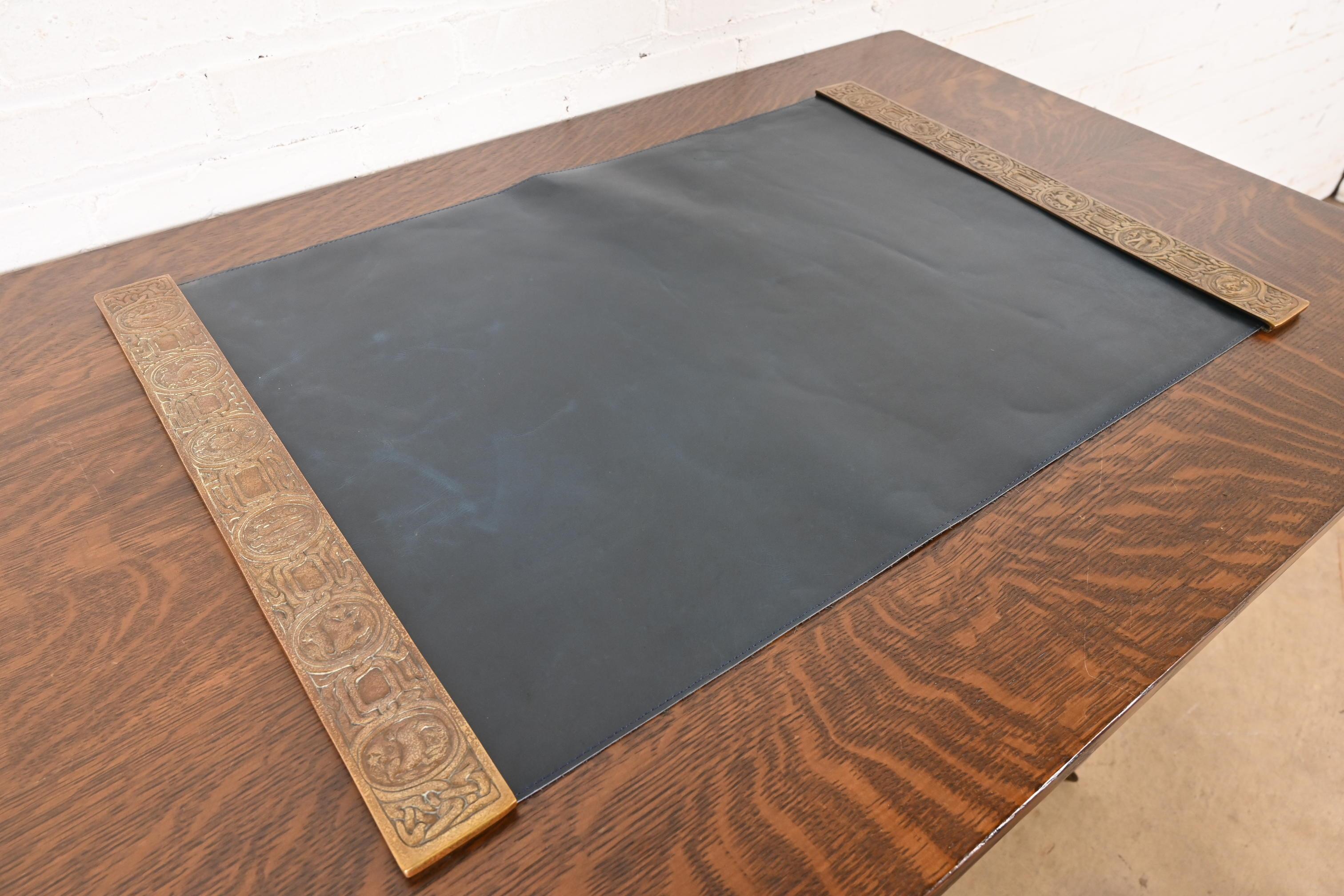 Tiffany Studios New York Zodiac Bronze Blotter Ends With Leather Desk Blotter In Good Condition For Sale In South Bend, IN
