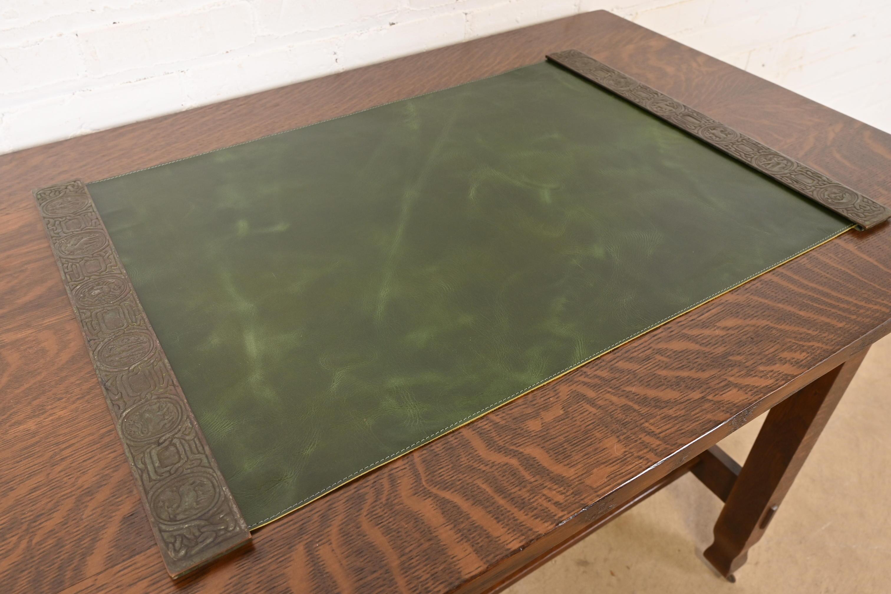 Tiffany Studios New York Zodiac Bronze Blotter Ends With Leather Desk Blotter In Good Condition For Sale In South Bend, IN