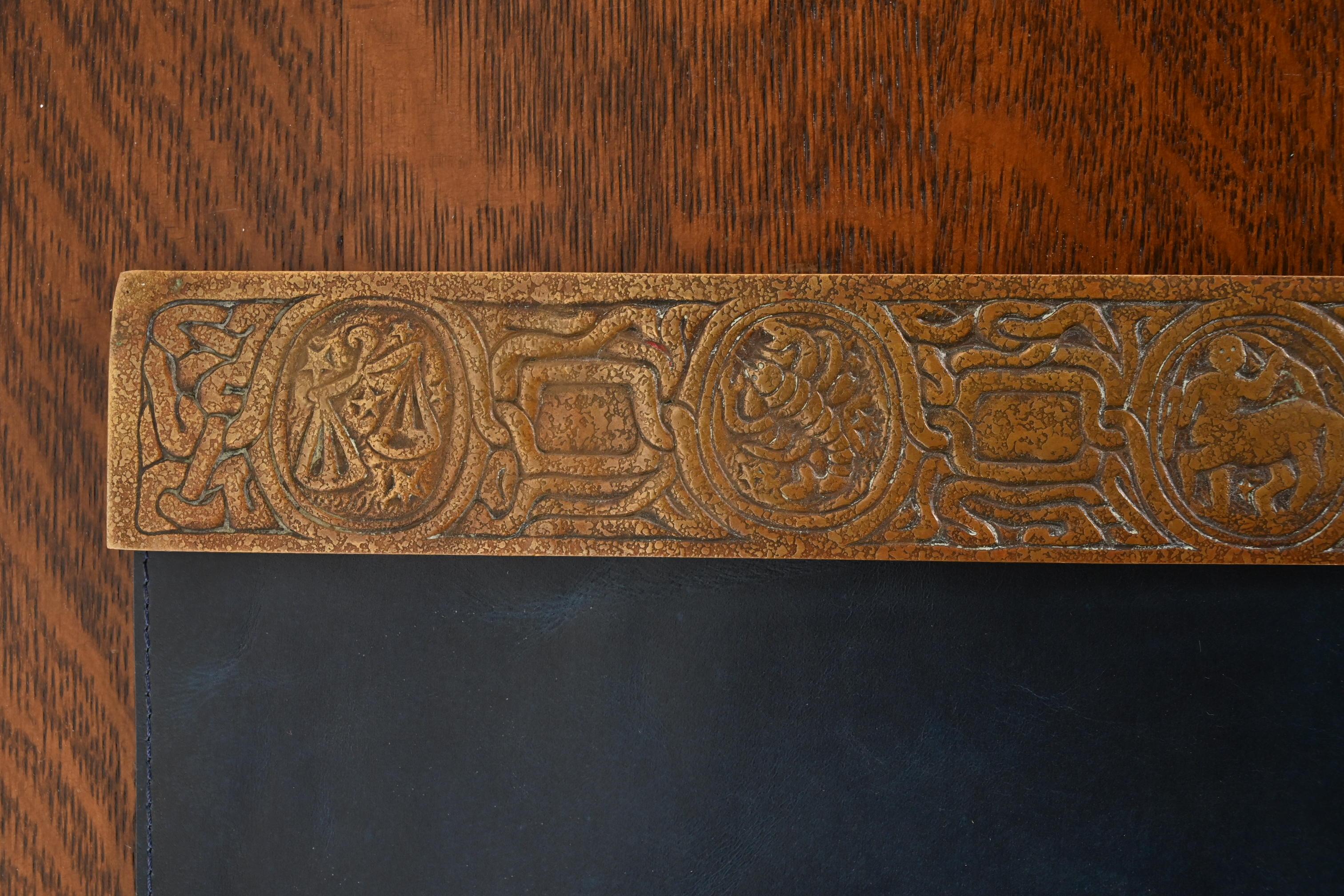 20th Century Tiffany Studios New York Zodiac Bronze Blotter Ends With Leather Desk Blotter For Sale