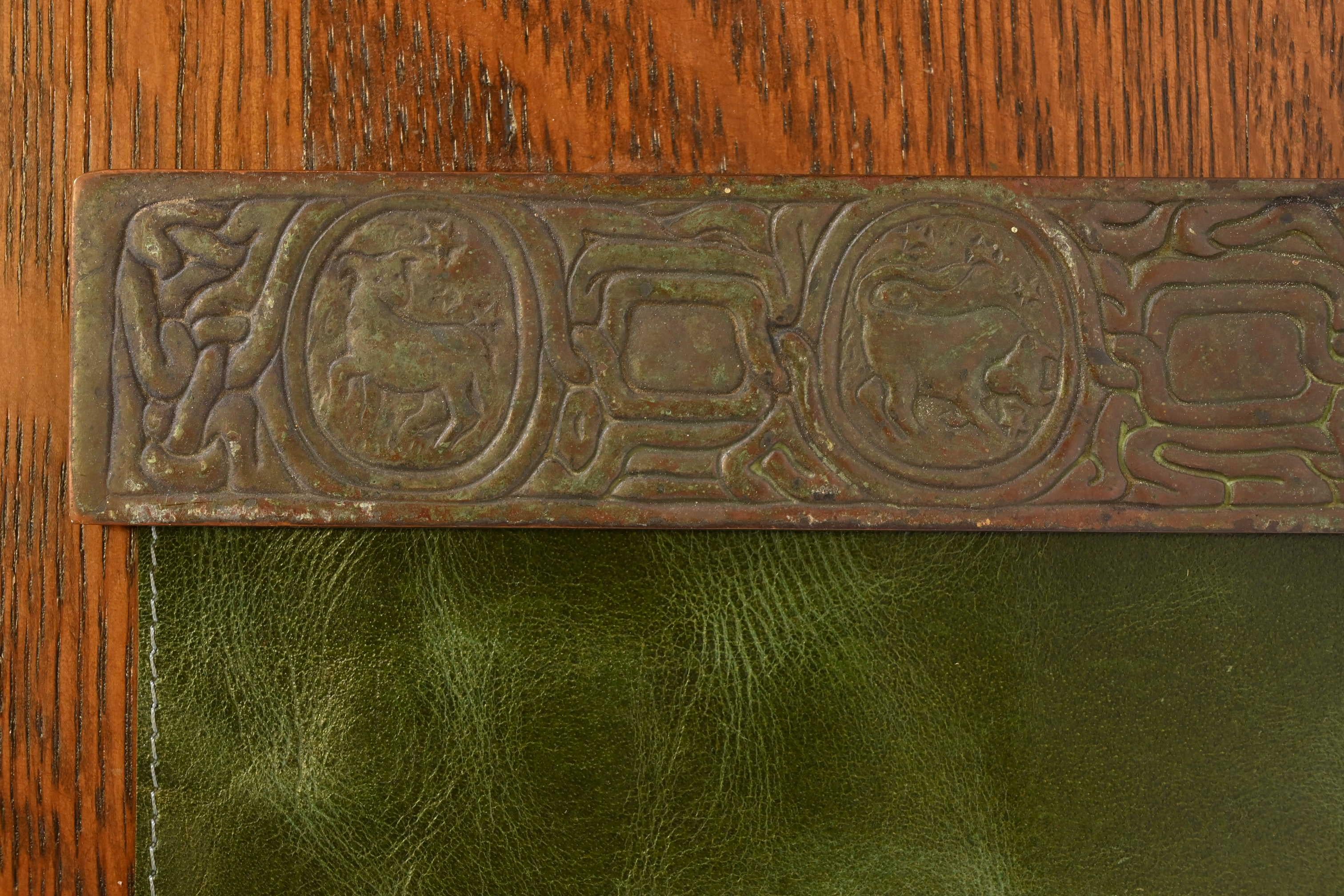 20th Century Tiffany Studios New York Zodiac Bronze Blotter Ends With Leather Desk Blotter For Sale