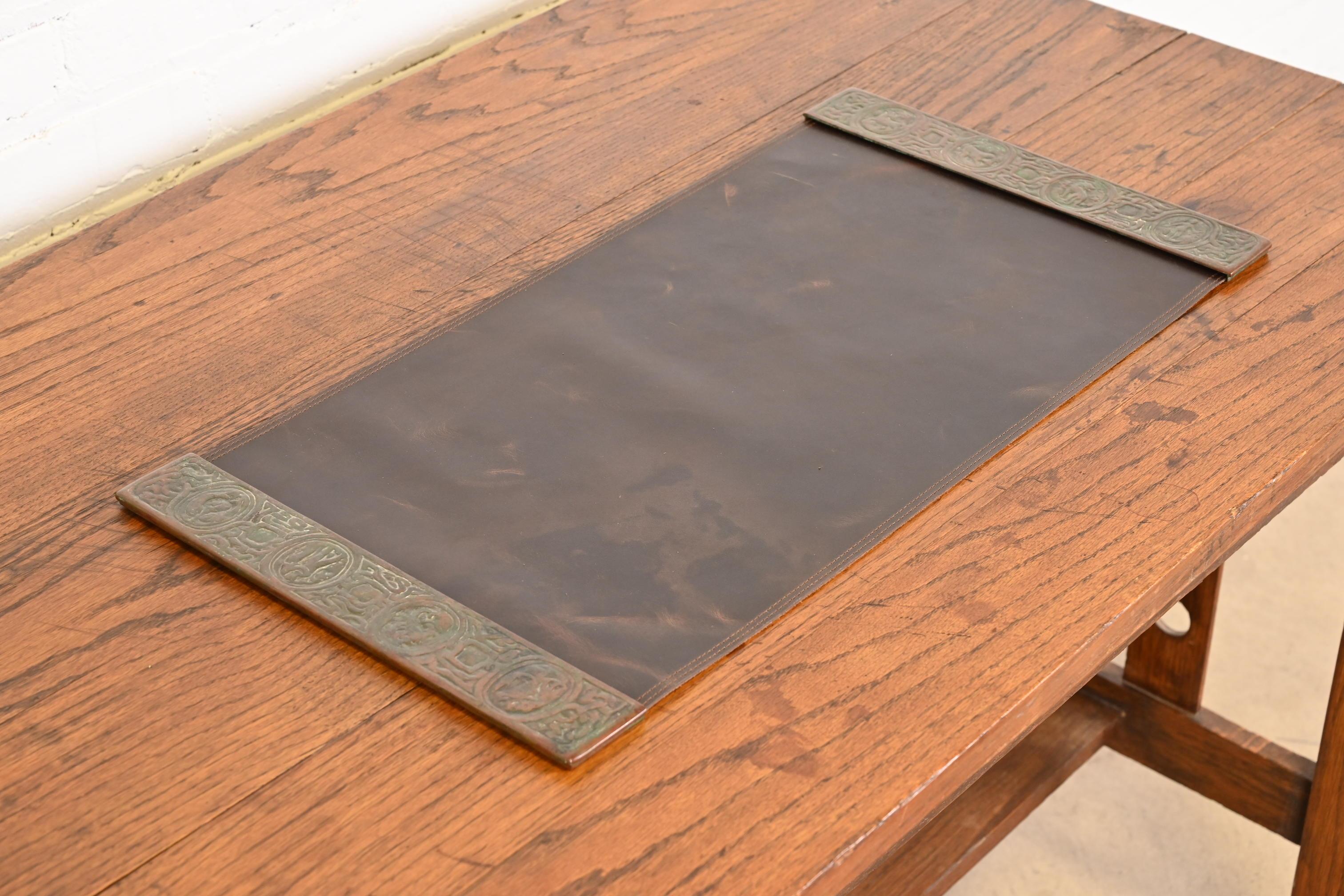 Tiffany Studios New York Zodiac Bronze Blotter Ends With Leather Desk Pad In Good Condition For Sale In South Bend, IN