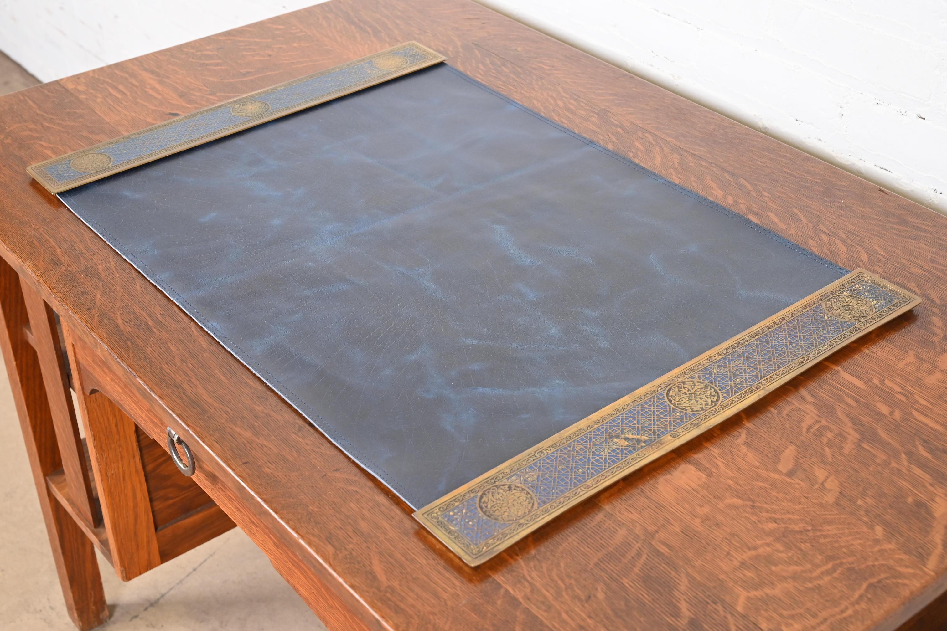 Tiffany Studios New York Bronze and Enamel Blotter Ends With Leather Desk Pad In Good Condition For Sale In South Bend, IN