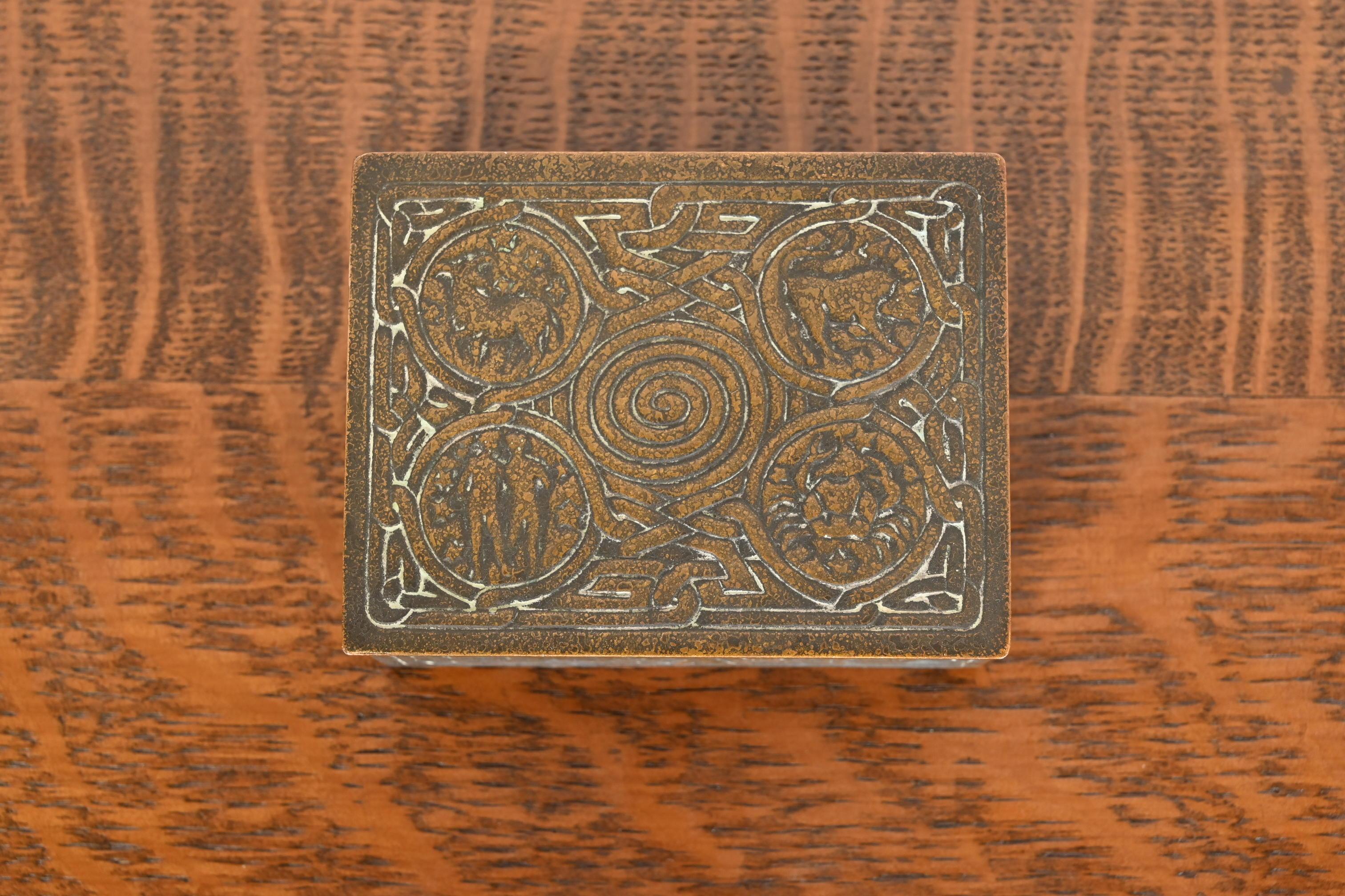 20th Century Tiffany Studios New York 'Zodiac' Bronze Box, circa 1910 For Sale