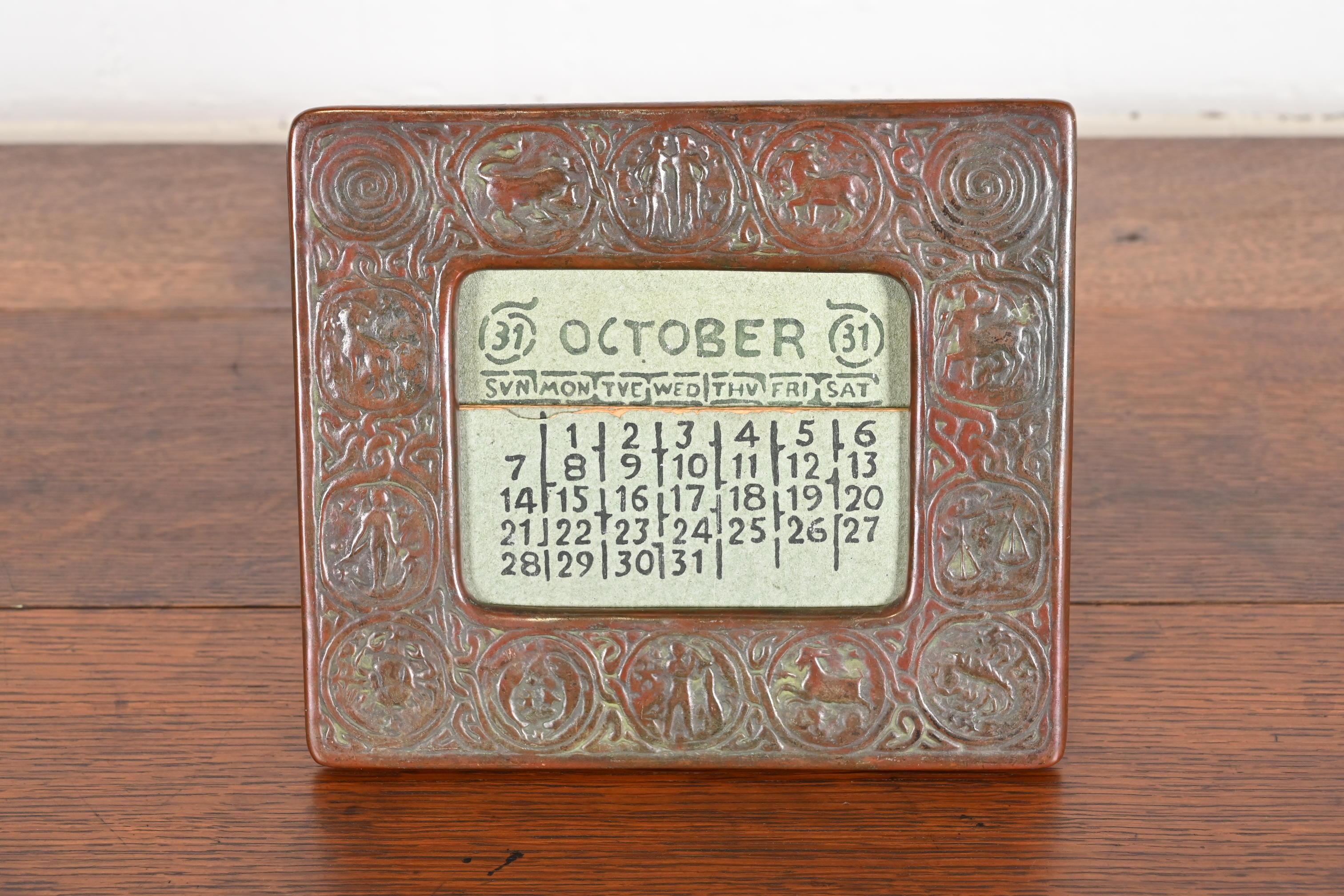 Arts and Crafts Tiffany Studios New York Zodiac Bronze Desk Calendar Holder or Picture Frame