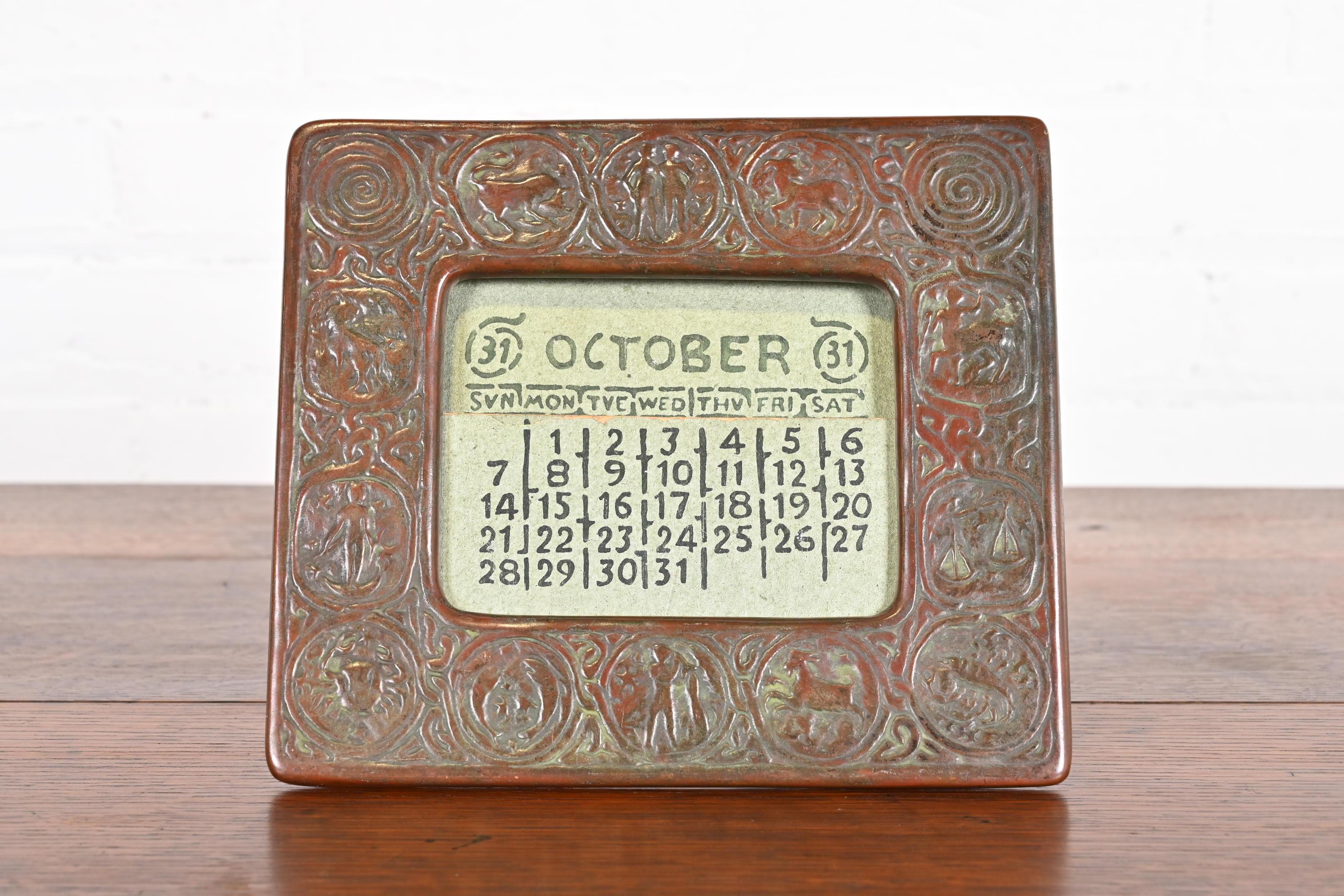 American Tiffany Studios New York Zodiac Bronze Desk Calendar Holder or Picture Frame