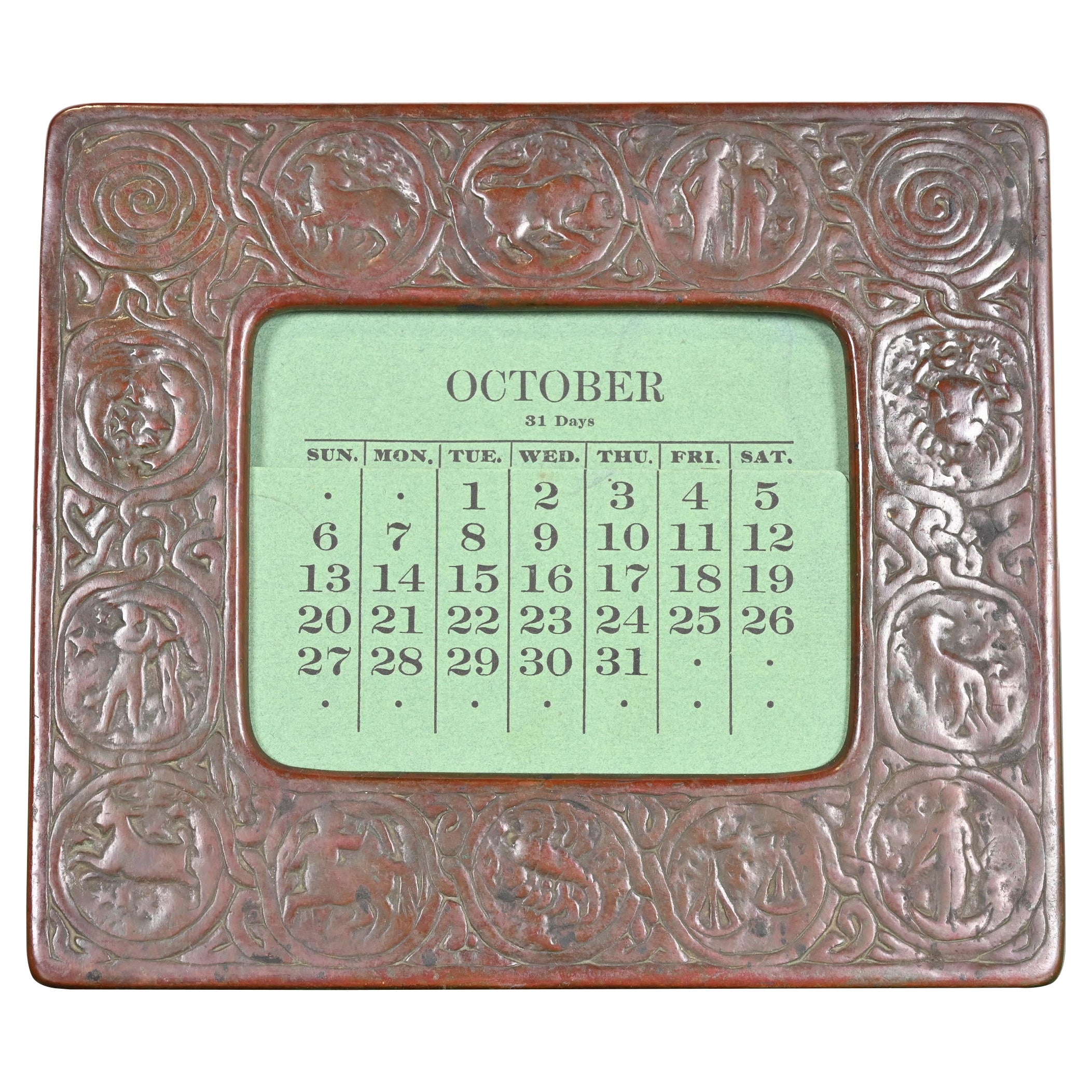 Tiffany Studios New York Zodiac Bronze Schreibtisch Kalenderhalter oder Bilderrahmen aus Bronze