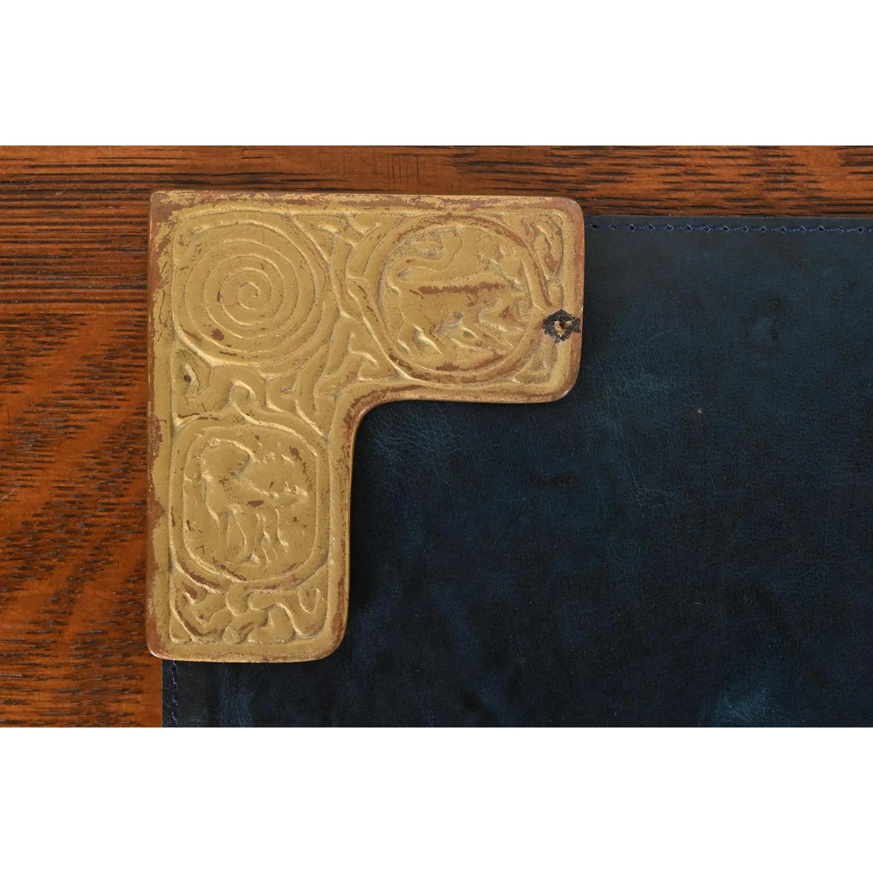 20th Century Tiffany Studios New York Zodiac Bronze Doré Blotter Corners With Leather Blotter For Sale
