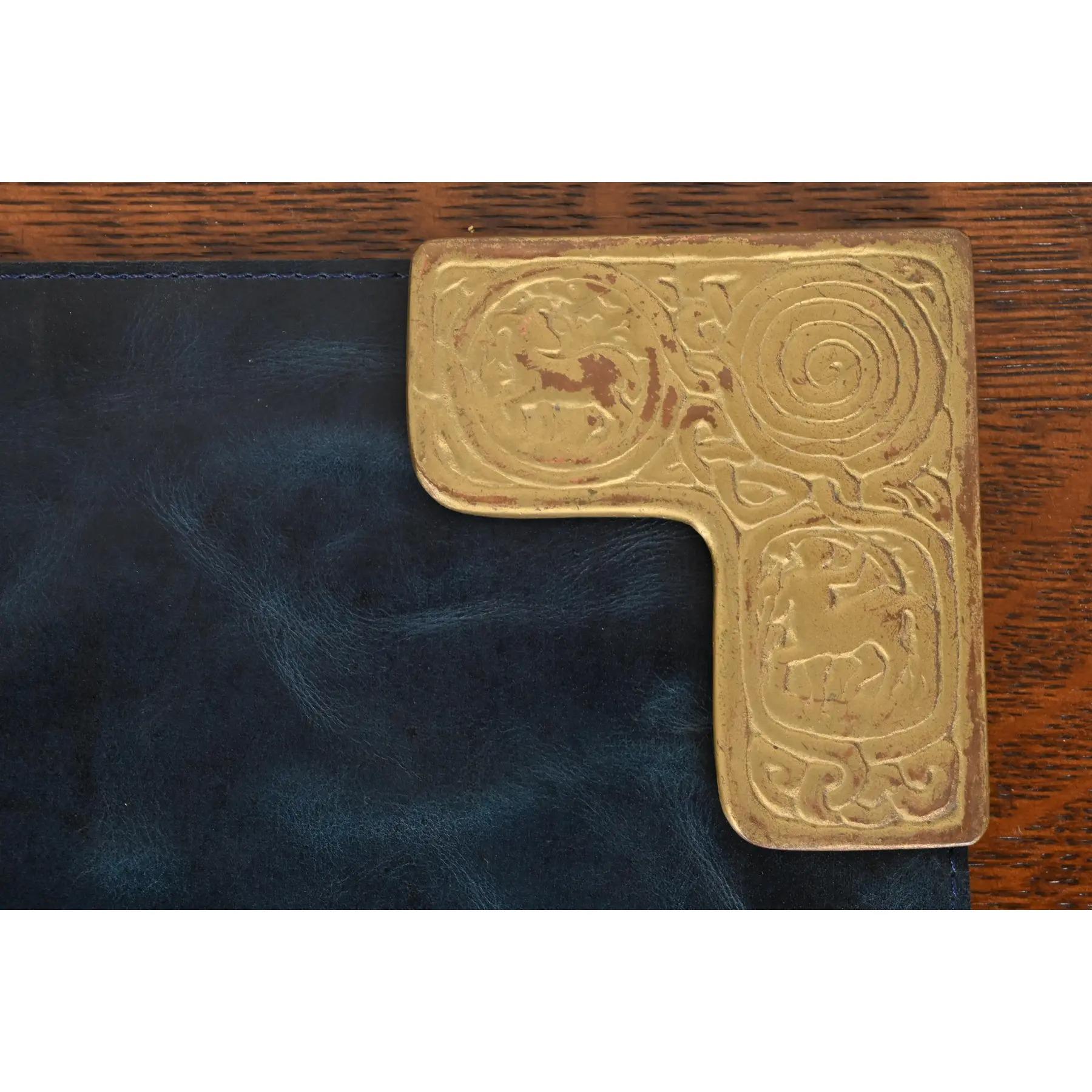 Tiffany Studios New York Zodiac Bronze Doré Blotter Corners With Leather Blotter For Sale 1